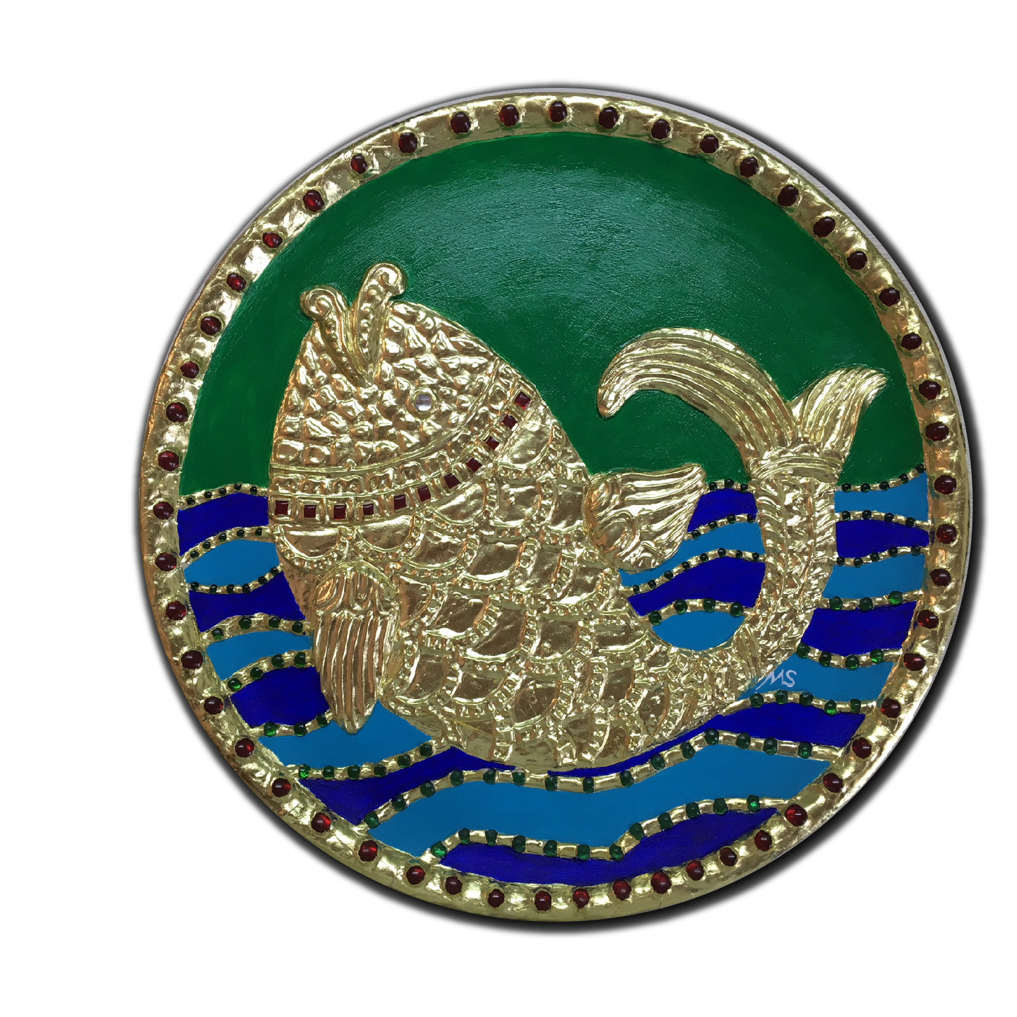 Unique fish in water tanjore style 22KT gold embossed  solid wood plate