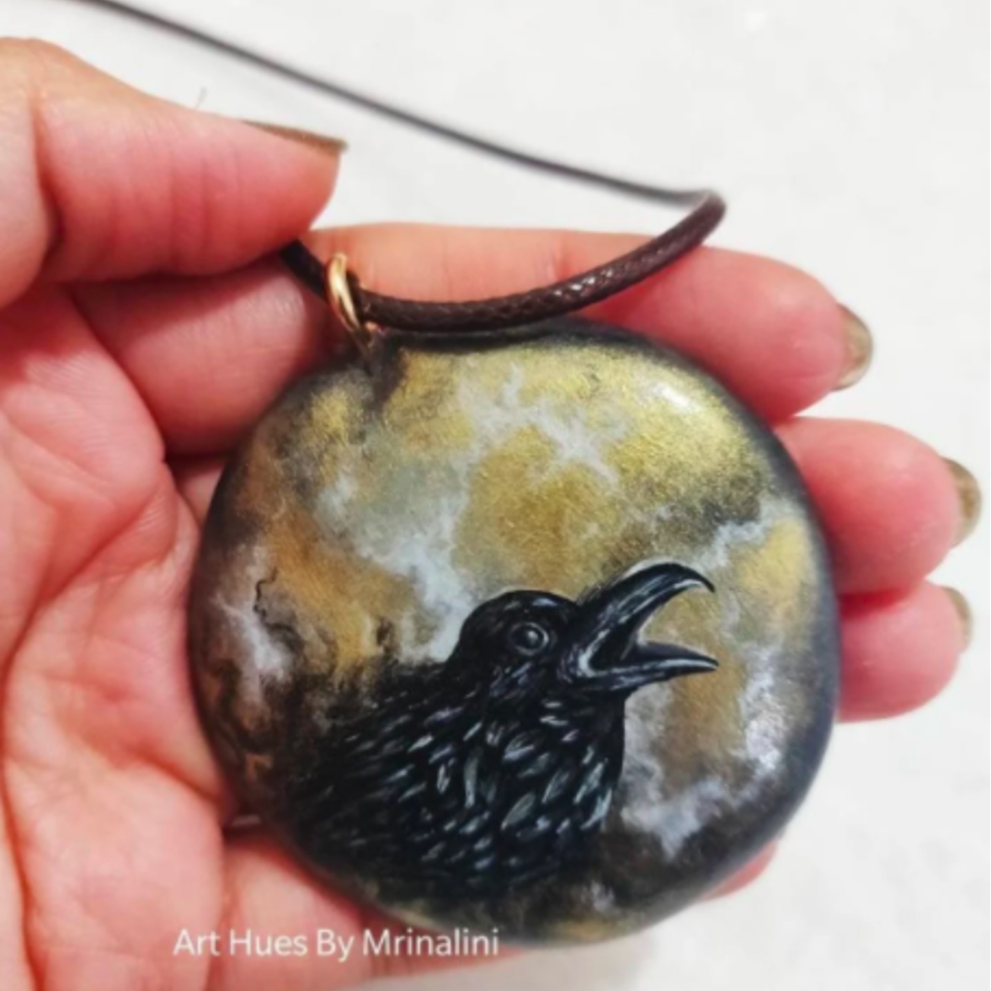 Magical Raven and the moon Handcrafted Pendant necklace for Raven spirit lovers