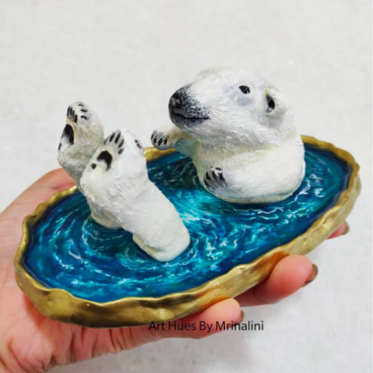 Polar Bear Swimming in the sea handcrafted Resin trinket tray