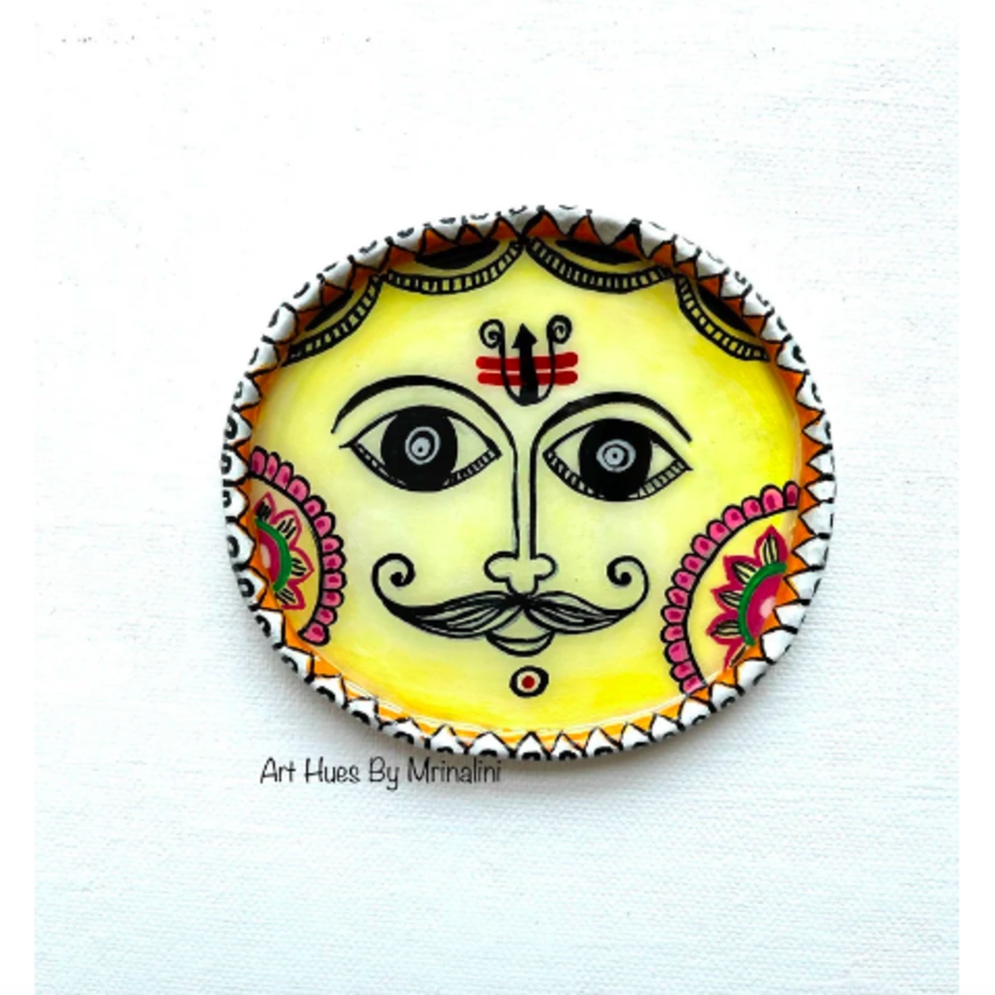 Folk art inspired trinket tray, boho art, Madhubani style Indian art, Sun god handmade ring dish, resin art