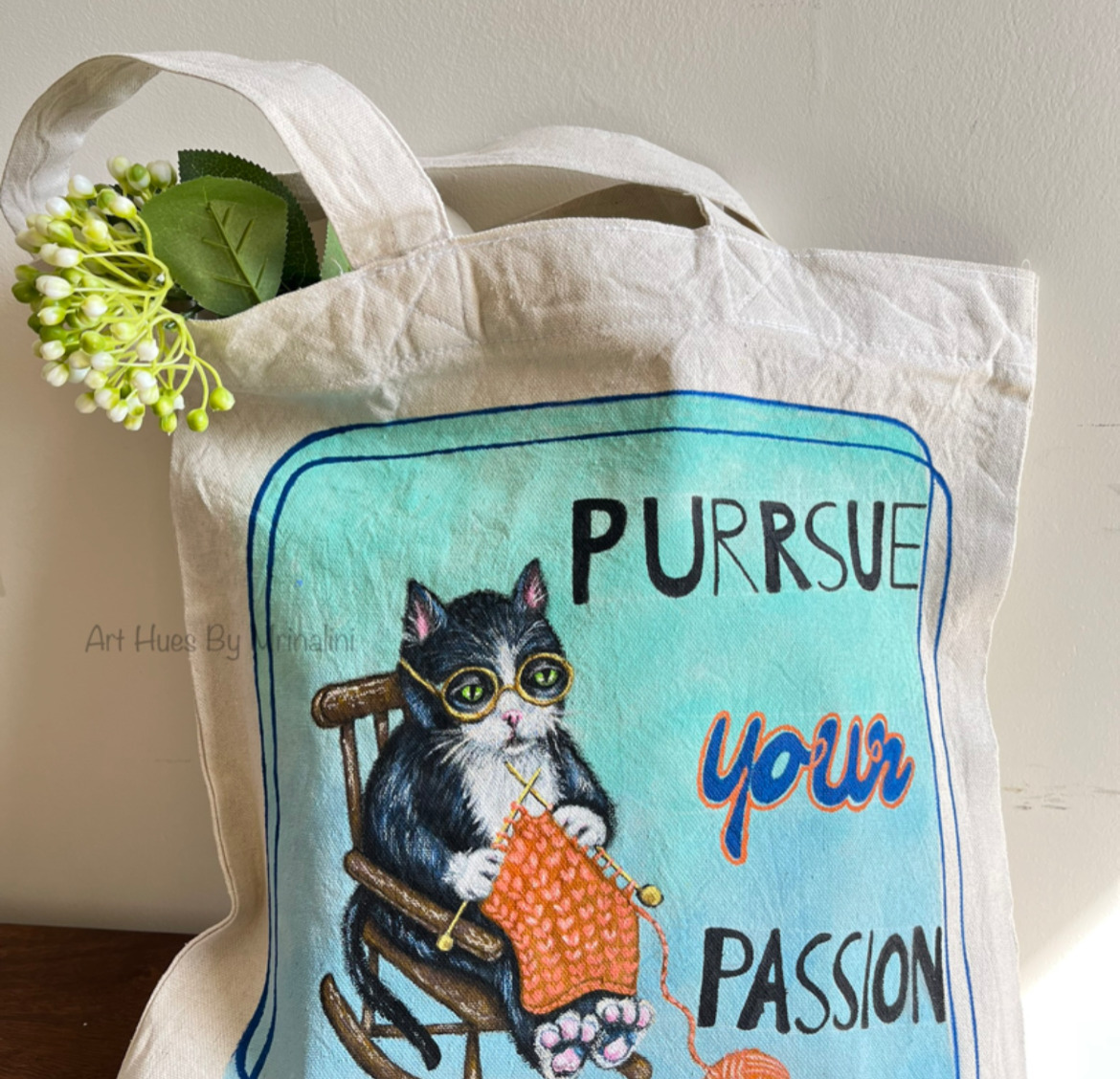 Tuxedo cat hand painted Tote bag, canvas bag with zipper, gifts for cat people