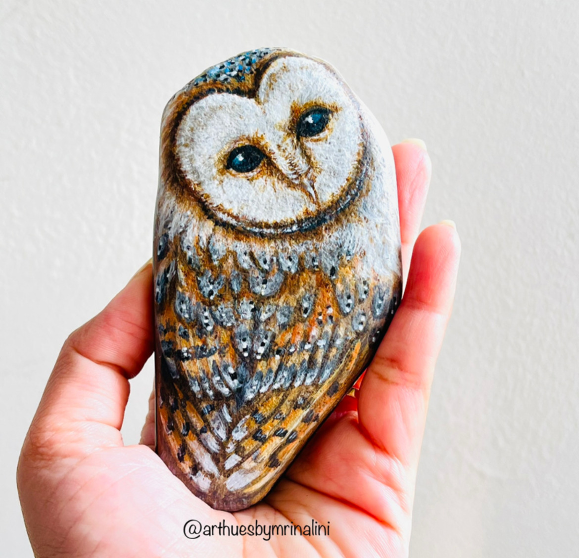 Barn Owl realistic bird portrait on a natural stone