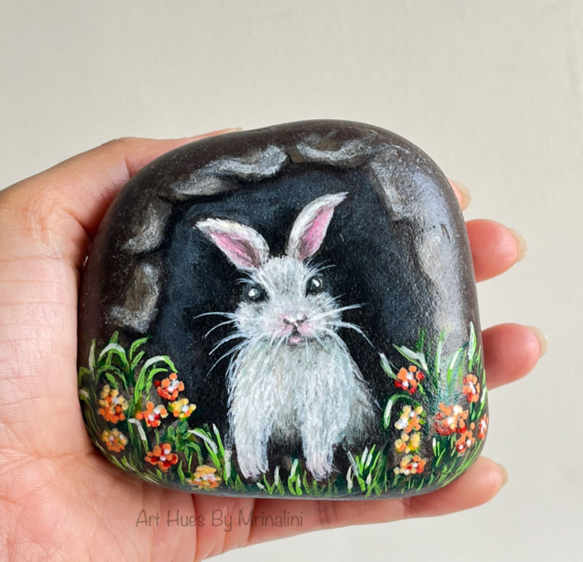 Cute Bunny in burrow hand painted rock paperweight