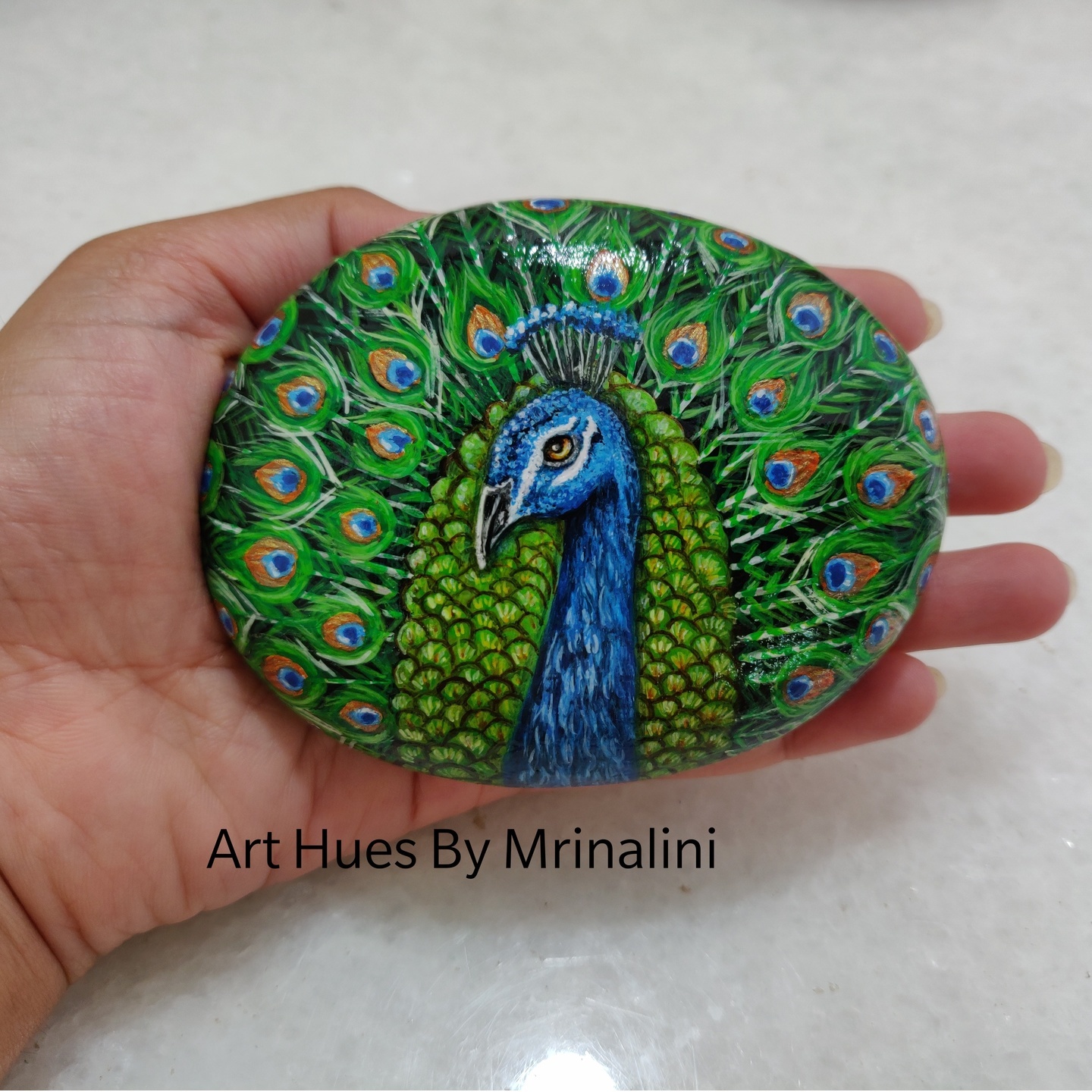 Dancing Peacock hand painted on a rock, unique gift for nature lovers
