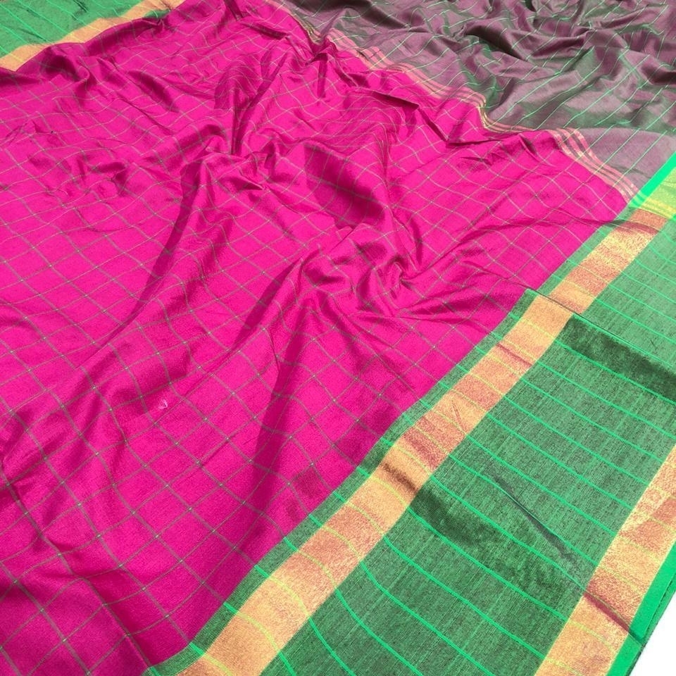 Silk Saree with Check Pattern and Contrast Zari Border Work 232d