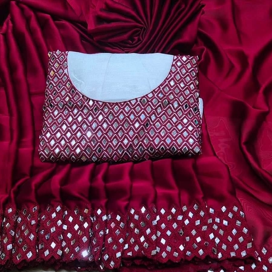 Soft Plain Crape Saree with fauz Mirro Work Partywear Saree 238c