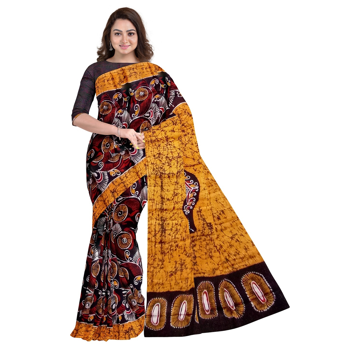 3stones Hand Batik Mulberry Silk Saree and blouse piece with Silk Mark GCD63