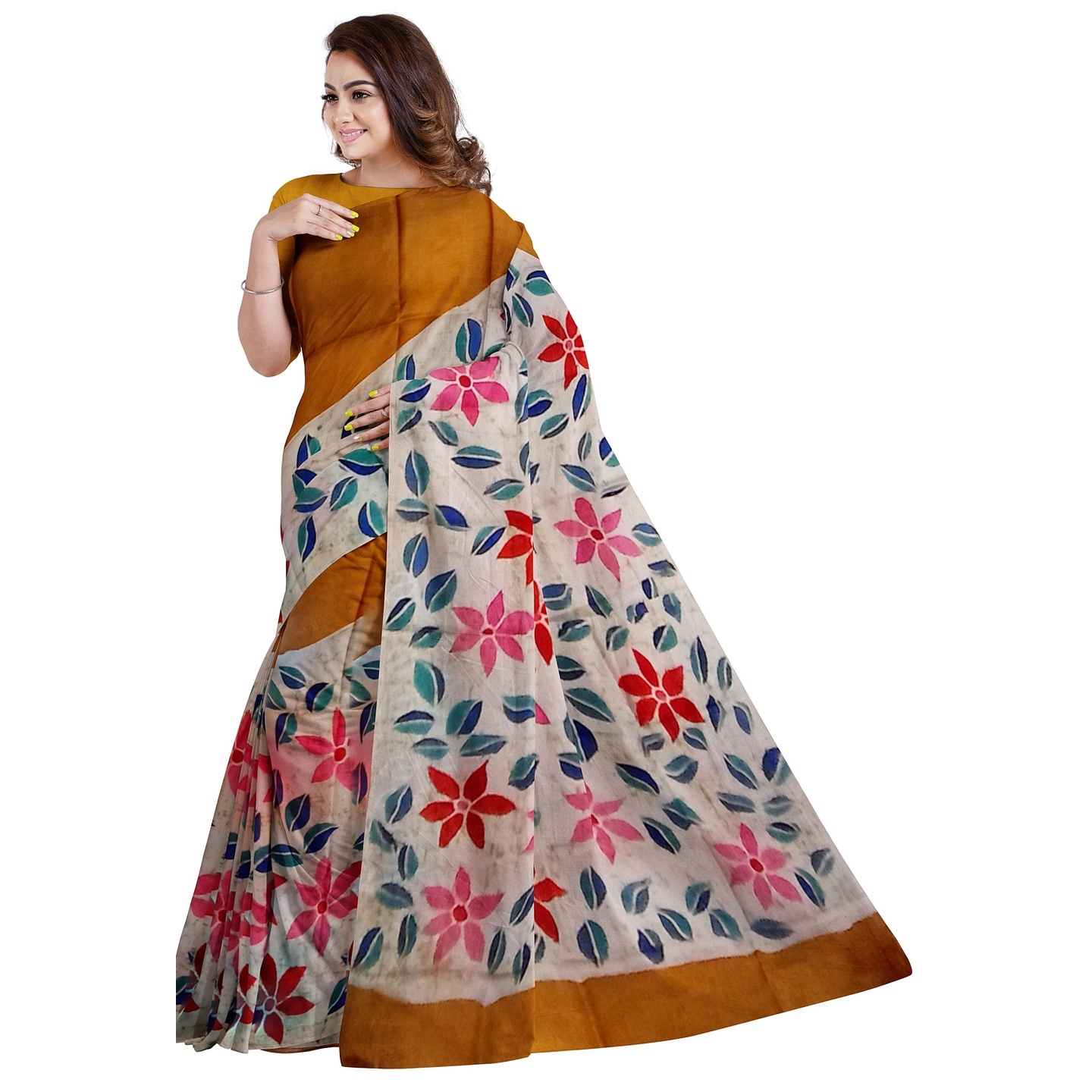 3stones Hand Batik Mulberry Silk Saree and blouse piece with Silk Mark GCD58