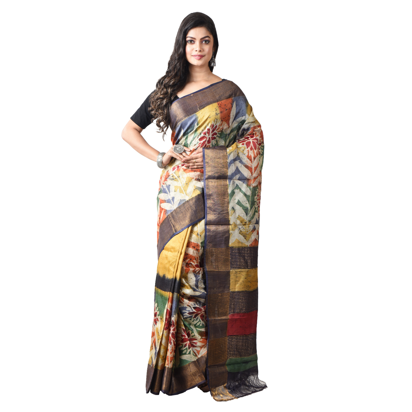 hand woven hand batik Tussar silk saree and blouse piece with Silk Mark (GCMZ7)