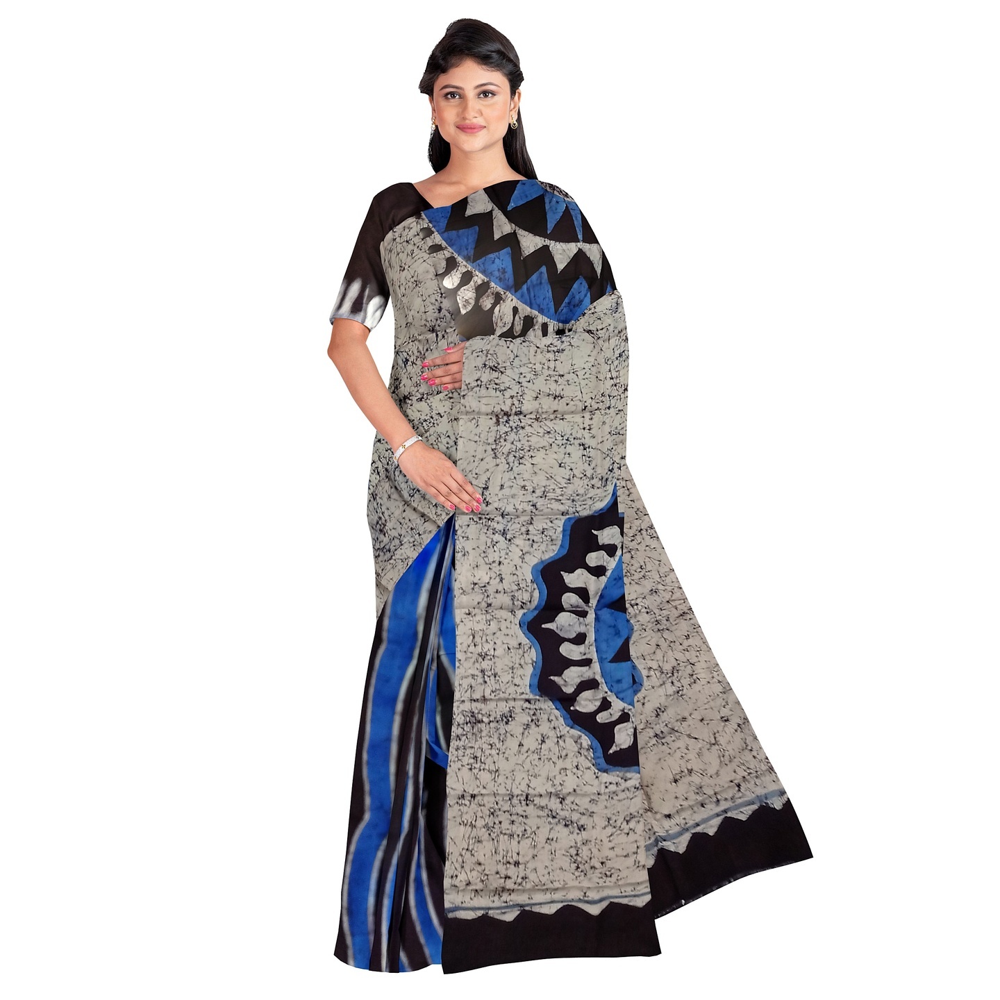 3stones Hand Batik Mulberry Silk Saree and blouse piece with Silk Mark GCM9