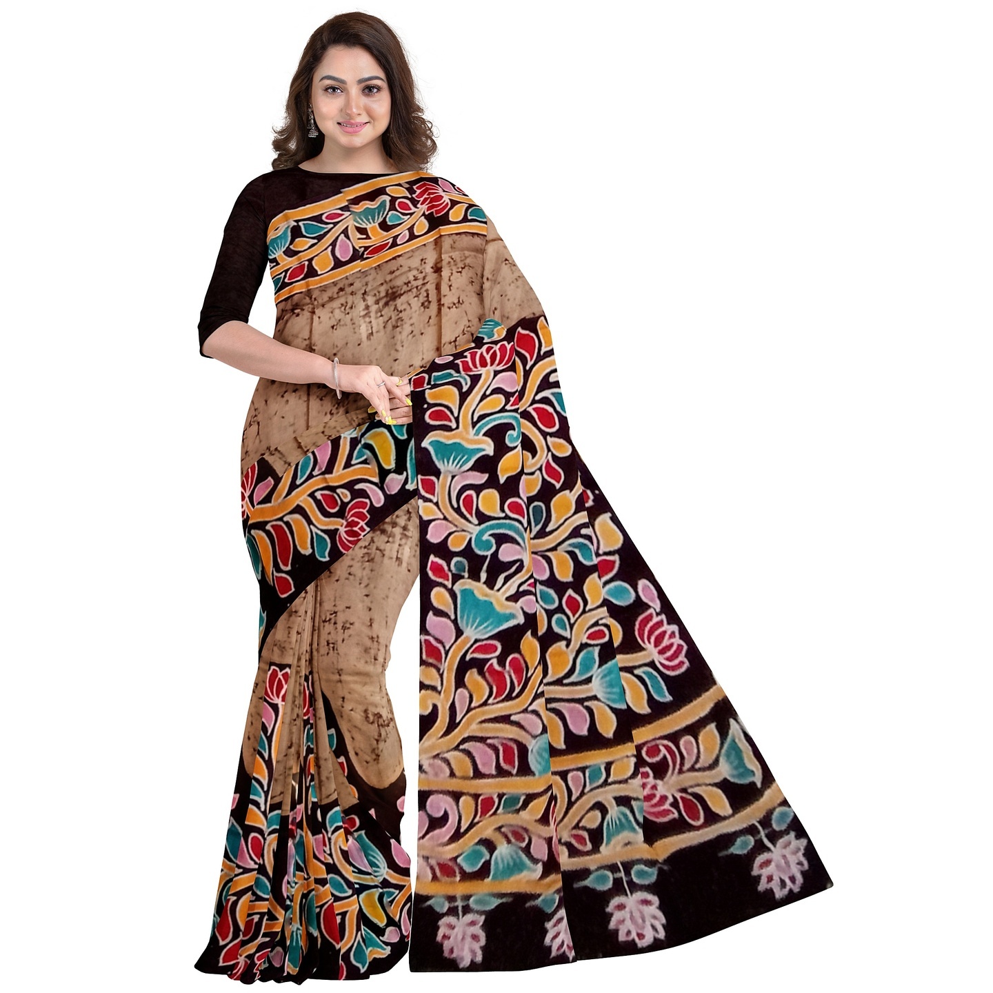 3stones Hand Batik Mulberry Silk Saree and blouse piece with Silk Mark GCD54