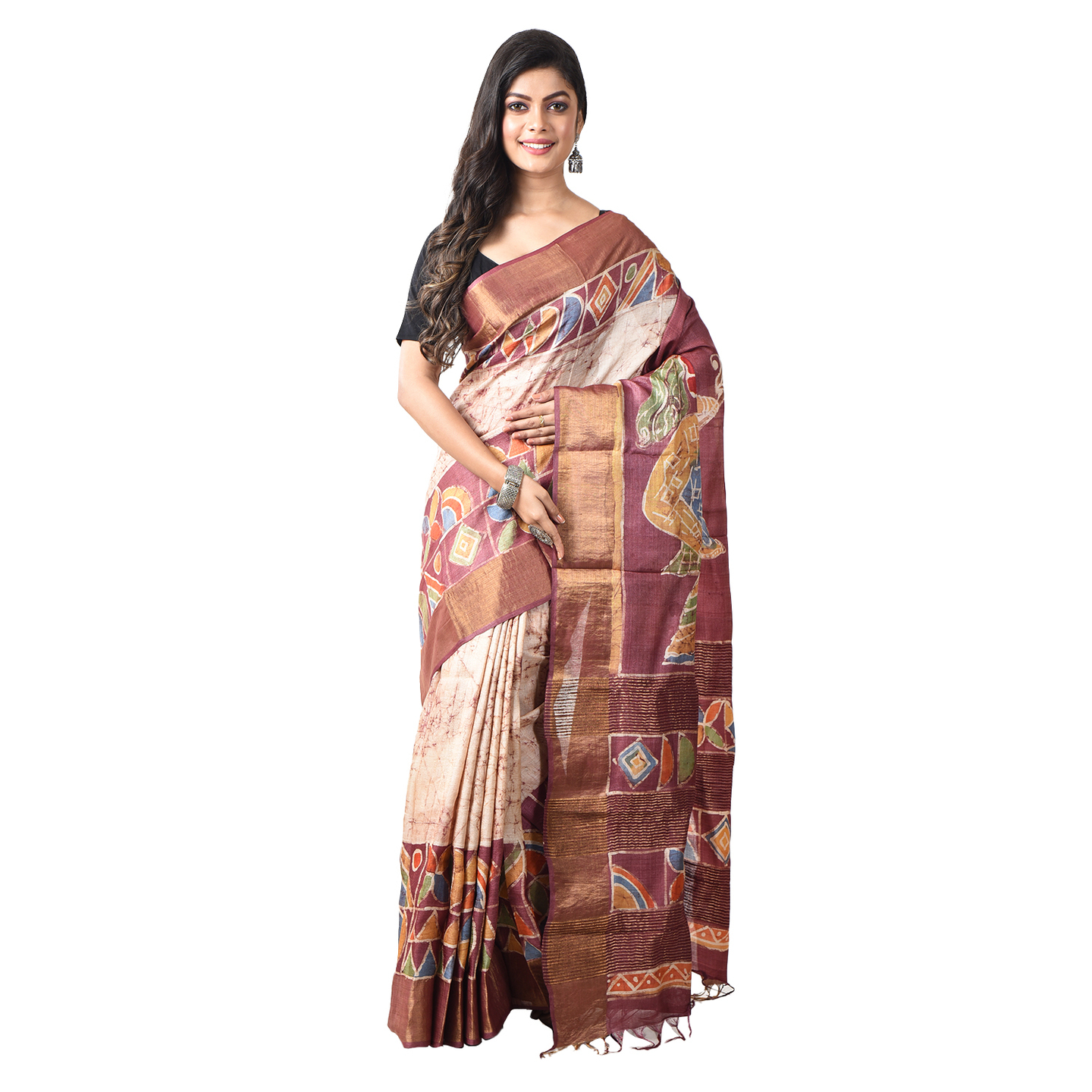hand woven hand batik Tussar silk saree and blouse piece with Silk Mark (GCMZ6)