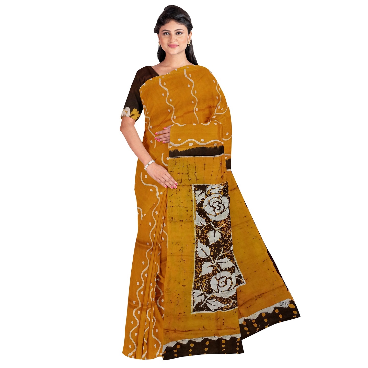 3stones Hand Batik Mulberry Silk Saree and blouse piece with Silk Mark GCM10