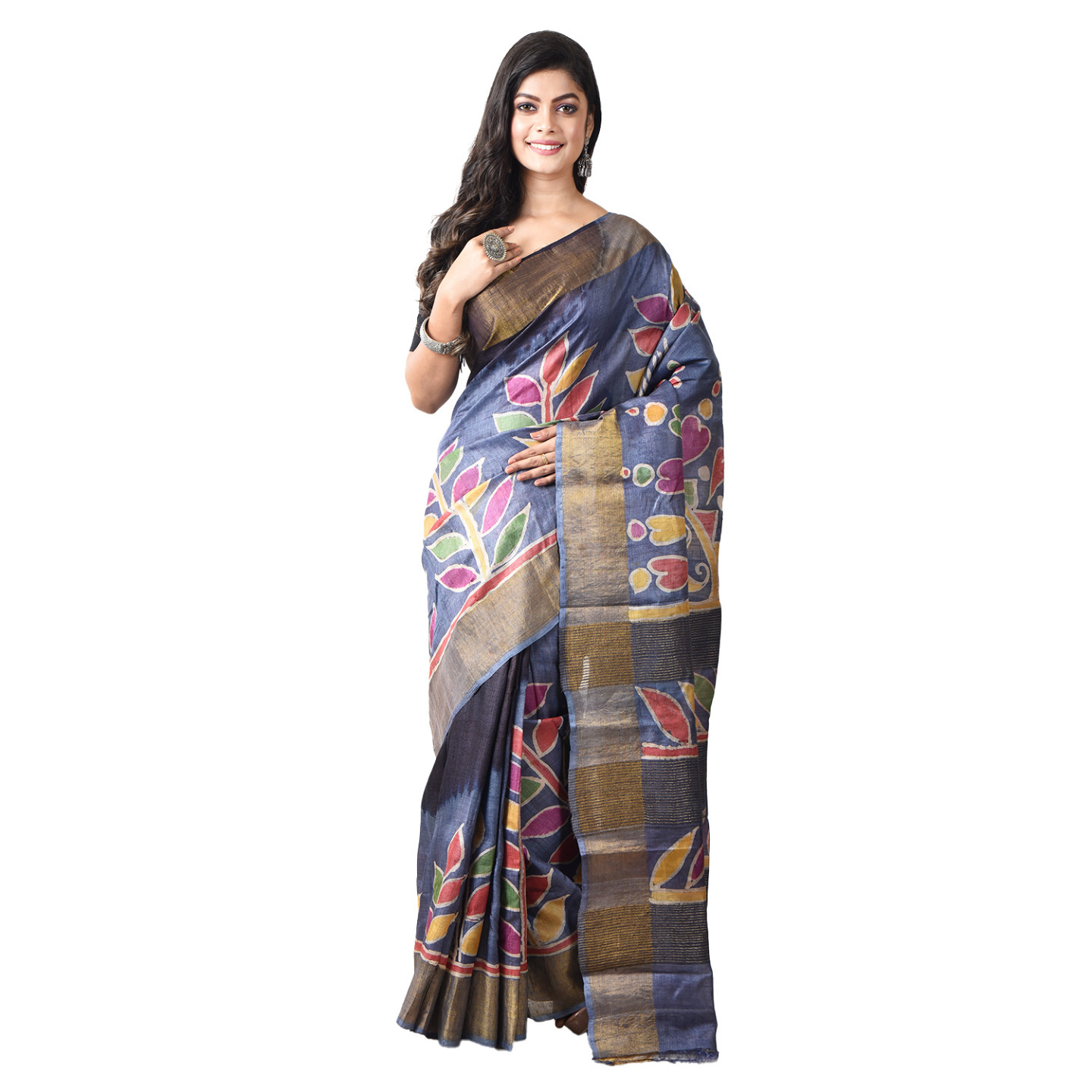 hand woven hand batik Tussar silk saree and blouse piece with Silk Mark(GCZM2)