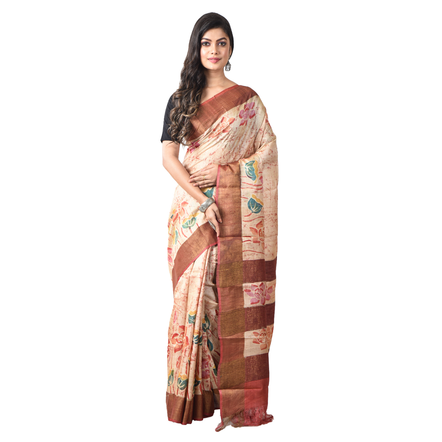 hand woven hand batik Tussar silk saree and blouse piece with Silk Mark (GCMZ16)