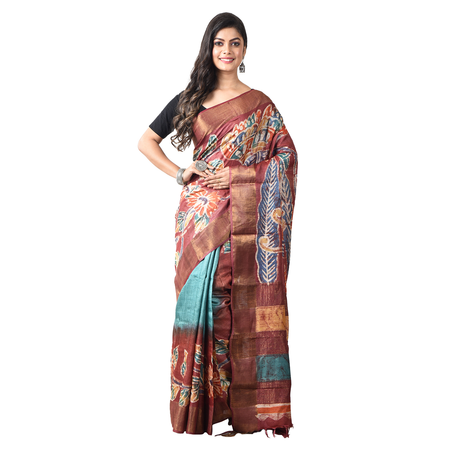 hand woven hand batik Tussar silk saree and blouse piece with Silk Mark (GCMZ17)