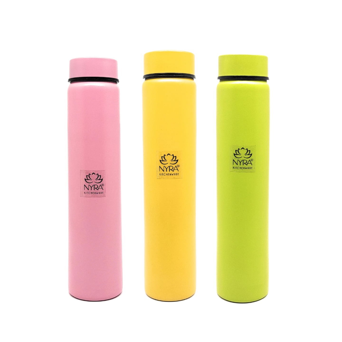 Nyra Stainless Steel Set of 3 Pcs Pink, Yellow & Green Pocket Water Bottle  450 ML Each Small & Slim Single Walled Water Flask Bottle for Outdoor Office and Indoor use Fridge for Drinking Water