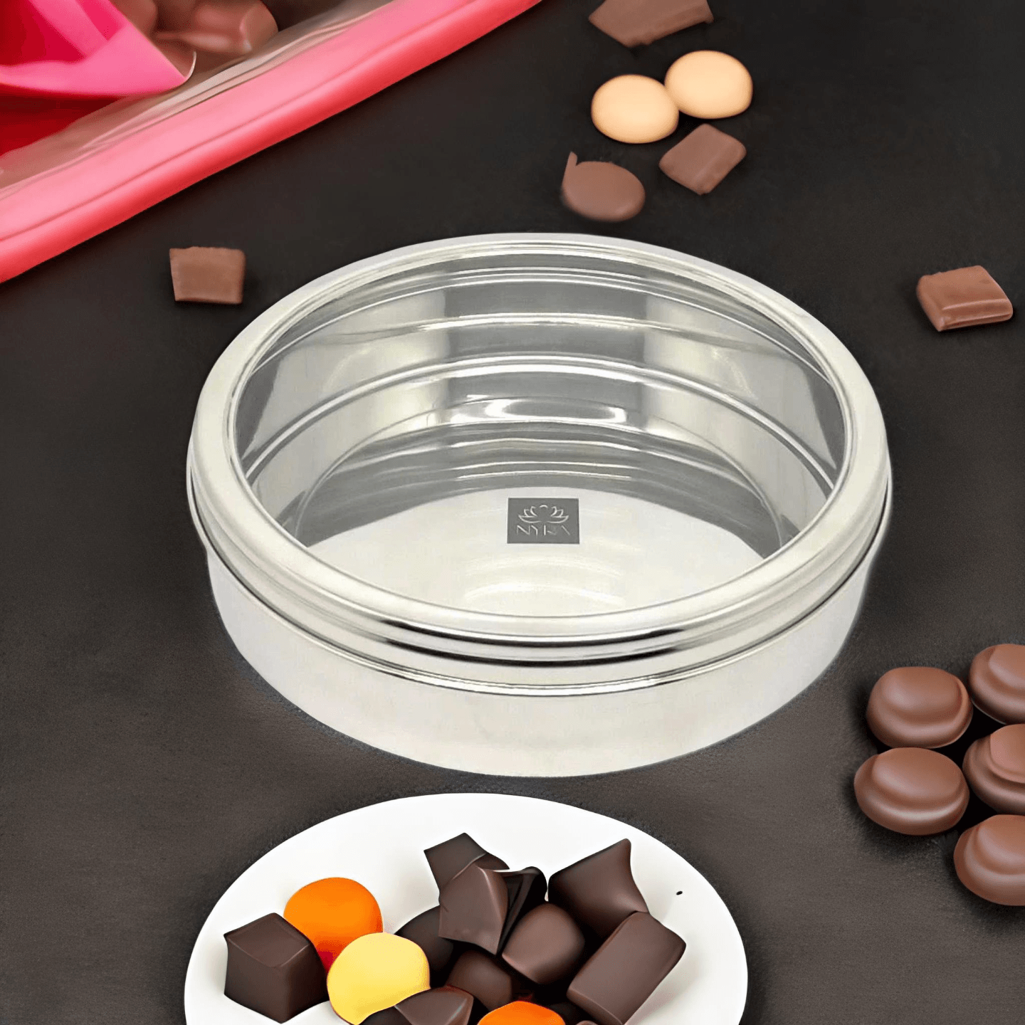 NyraStainless SteelFood Grade Sleek & Flat Multipurpose Chocolate Dabba  Chocolate Box  Multipurpose Storage Container with See Through Lid