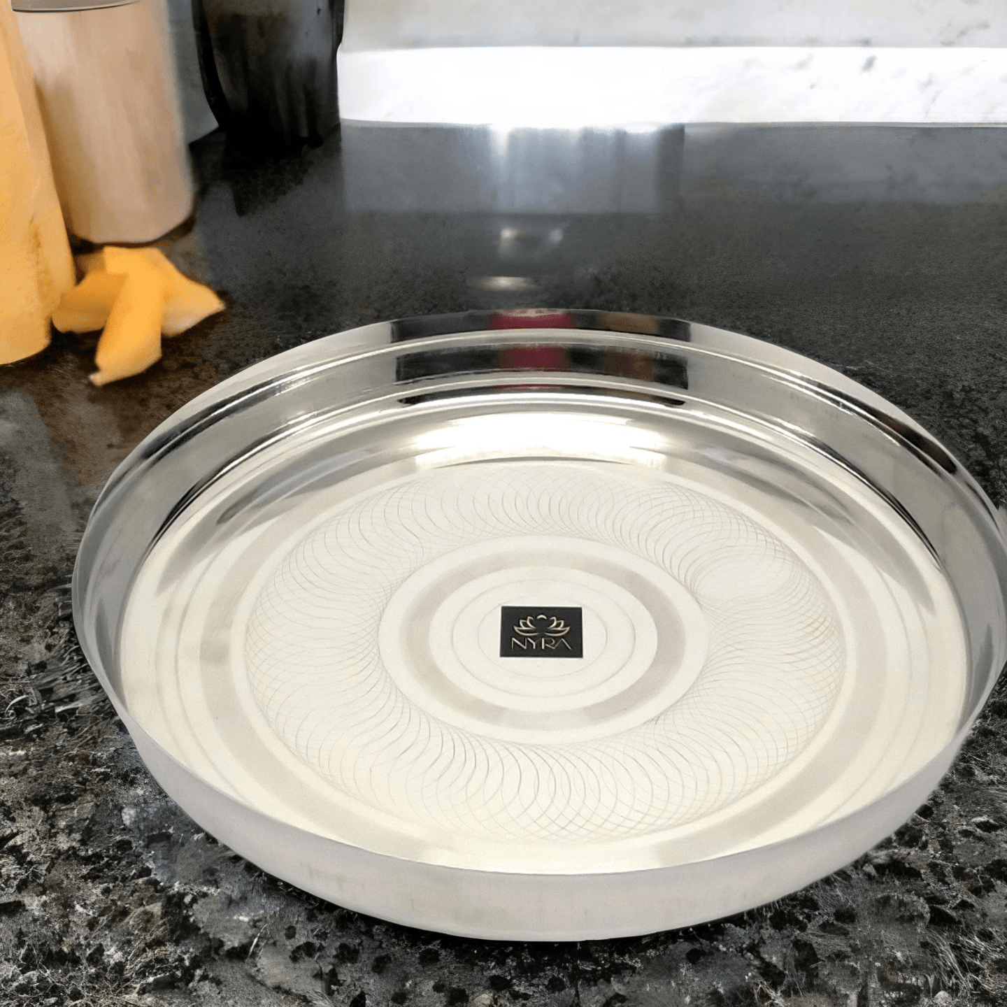 Nyra Stainless Steel Traditional DinnerLunch Thali Sturdy Food Grade Quality Round Plates with Glossy Ringer Finish