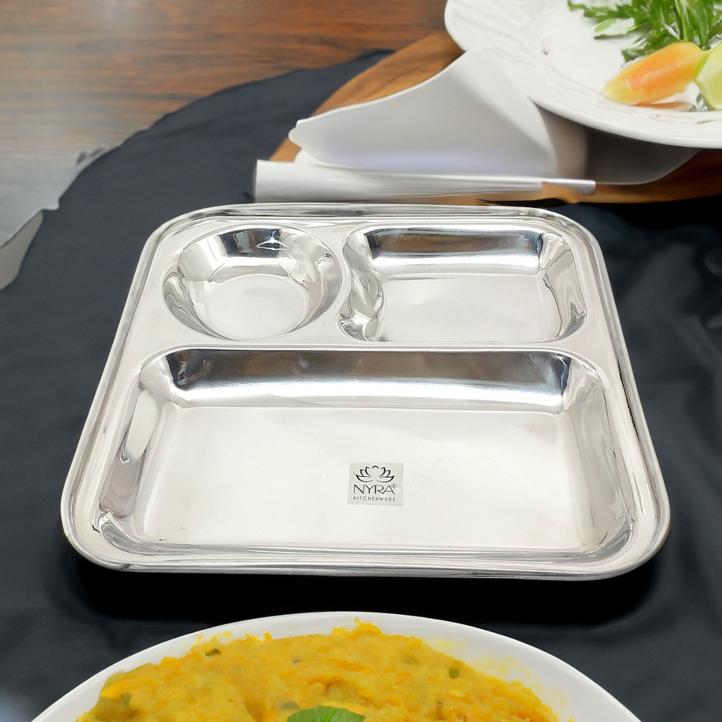 Nyra Stainless Steel 3 in-1 Dinner Plate - Three Compartment Rectangular Plate for Snacks - classy Style - Durable and Easy to Clean - Suitable for All Seasons - Stackable Design