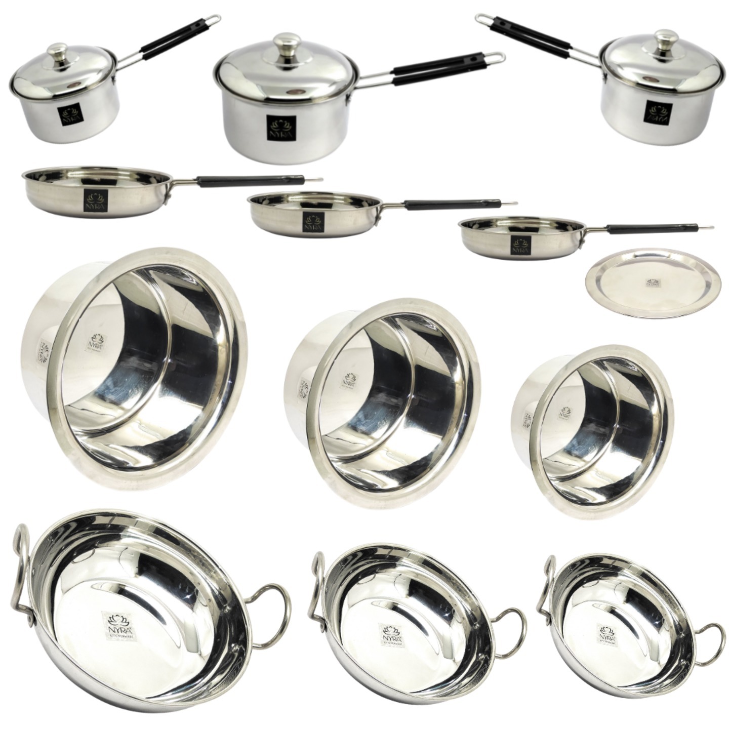 Nyra Stainless Steel Cookware Set of 15 Pieces - 3 Kadhai 2 Ltr, 2.5 Ltr & 3 Ltr, 3 Fry Pan 500 ML, 750 ML & 1 Ltr, 3 Sauce Pan 1 Ltr, 1.4 Ltr & 1.8 Ltr and 3 Bhagonas - With 3 Lids 1.6 Ltr, 2 Ltr & 2.5 Ltr  Induction Friendly Kitchenware Cooking Essentials