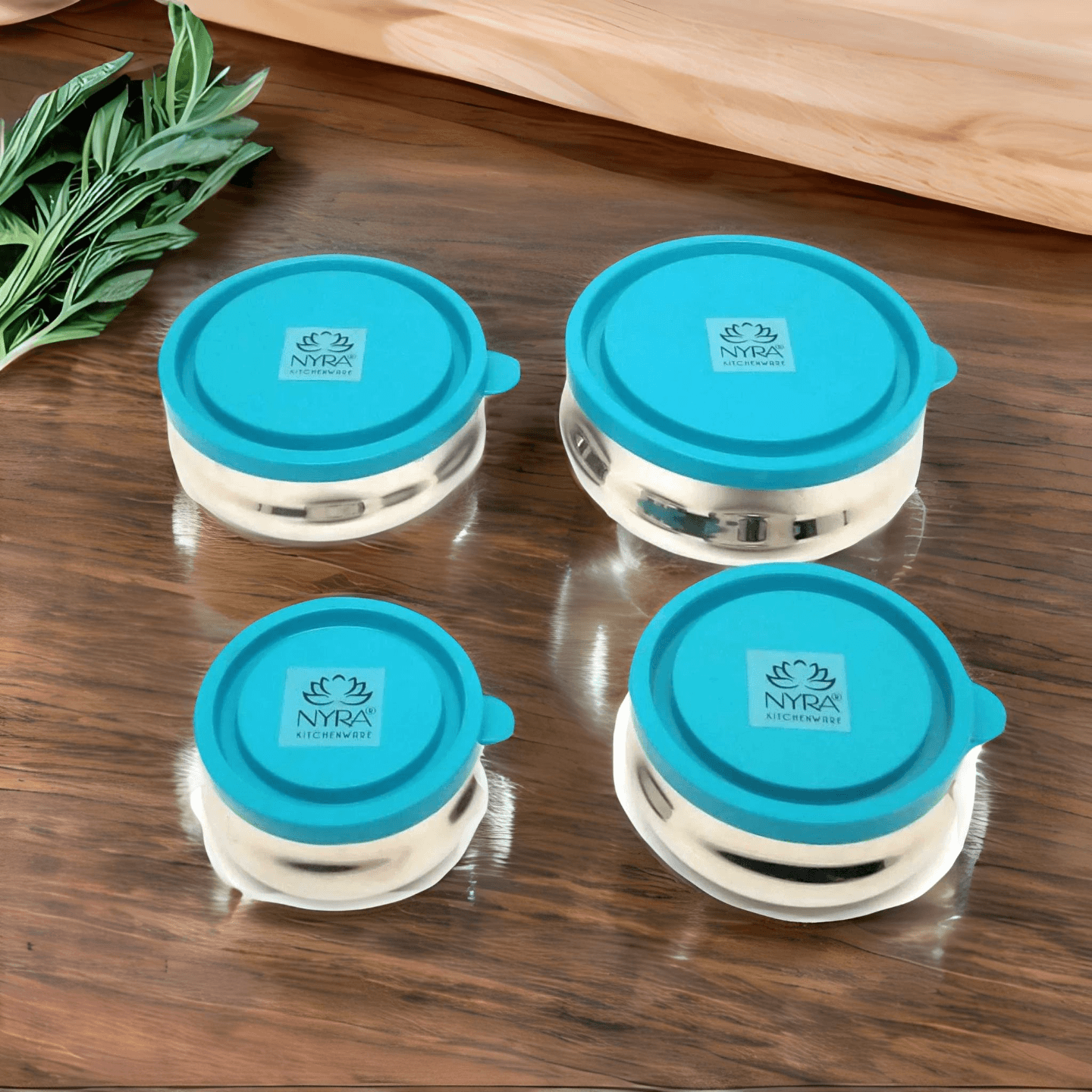 Nyra Stainless Steel Food Storage 4 Pcs Container Set 150 ML, 200 ML, 250 ML, 400 ML Utility Containers with Coloured Leak Proof Air Tight Plastic Lids Kitchen Lid Bowl Set 4 Pcs