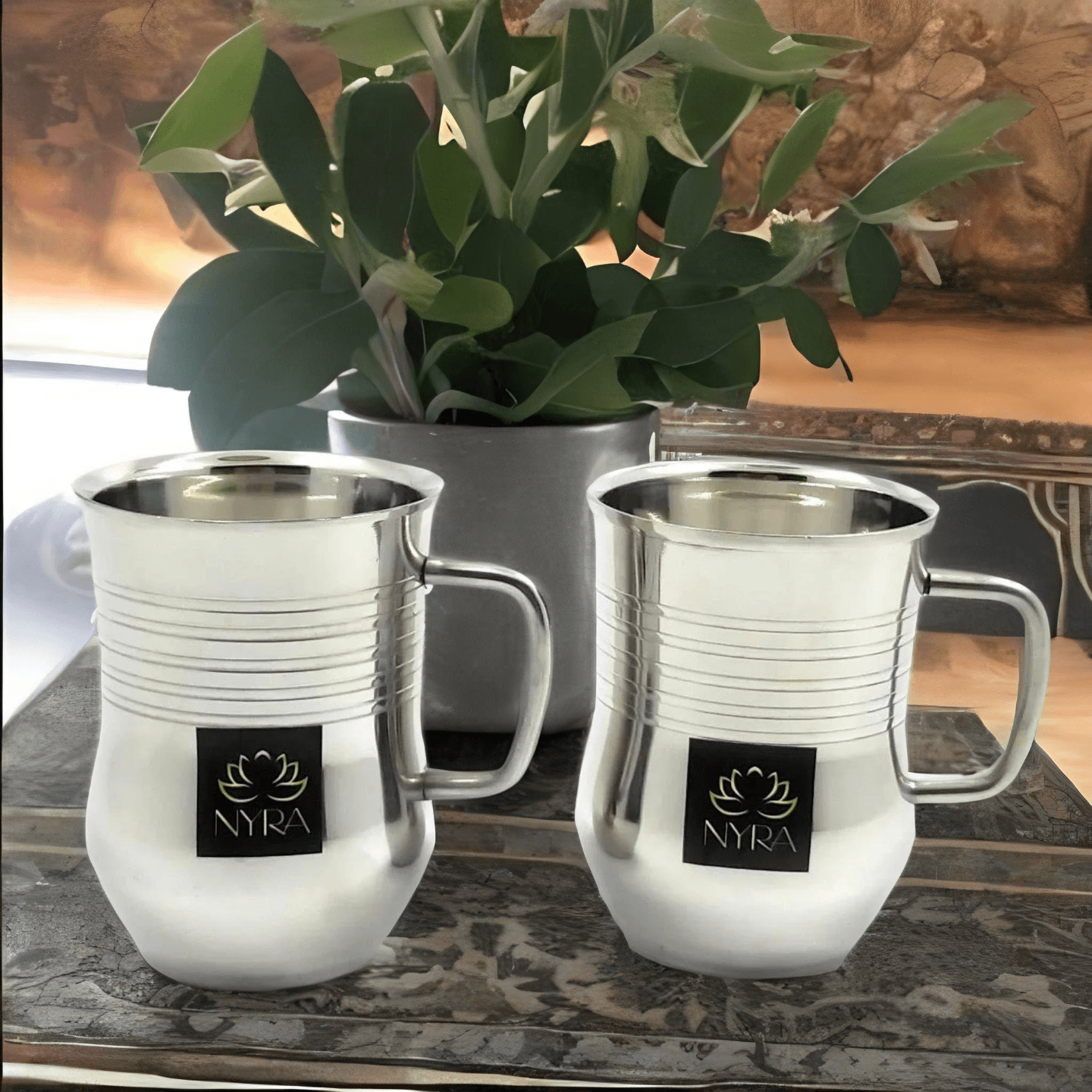 Nyra Stainless Steel Double Walled Tea and Coffee CupsMugs- 100 ML each with Glossy and Ringer Finish