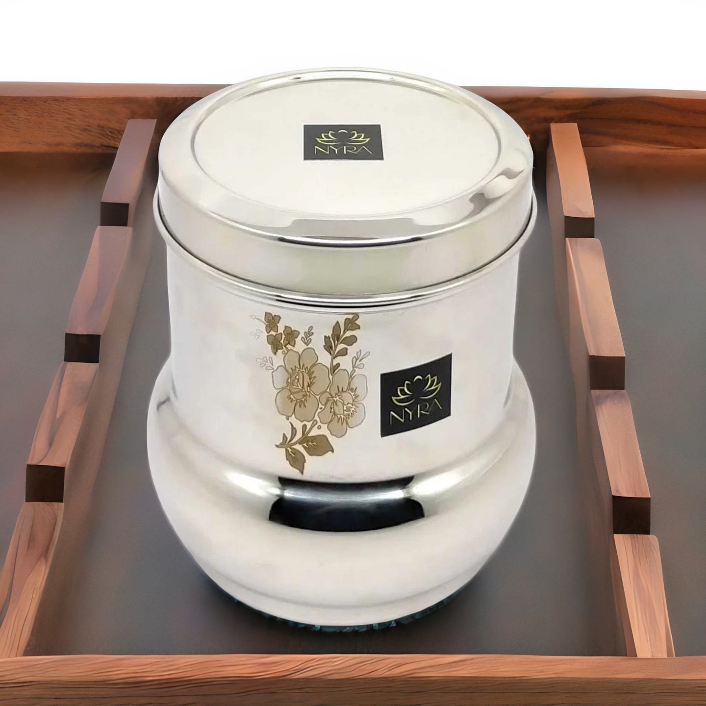 Nyra Stainless-Steel Belly Shaped Laser Floral Printed Deep Storage Box Containers DibbaDubba