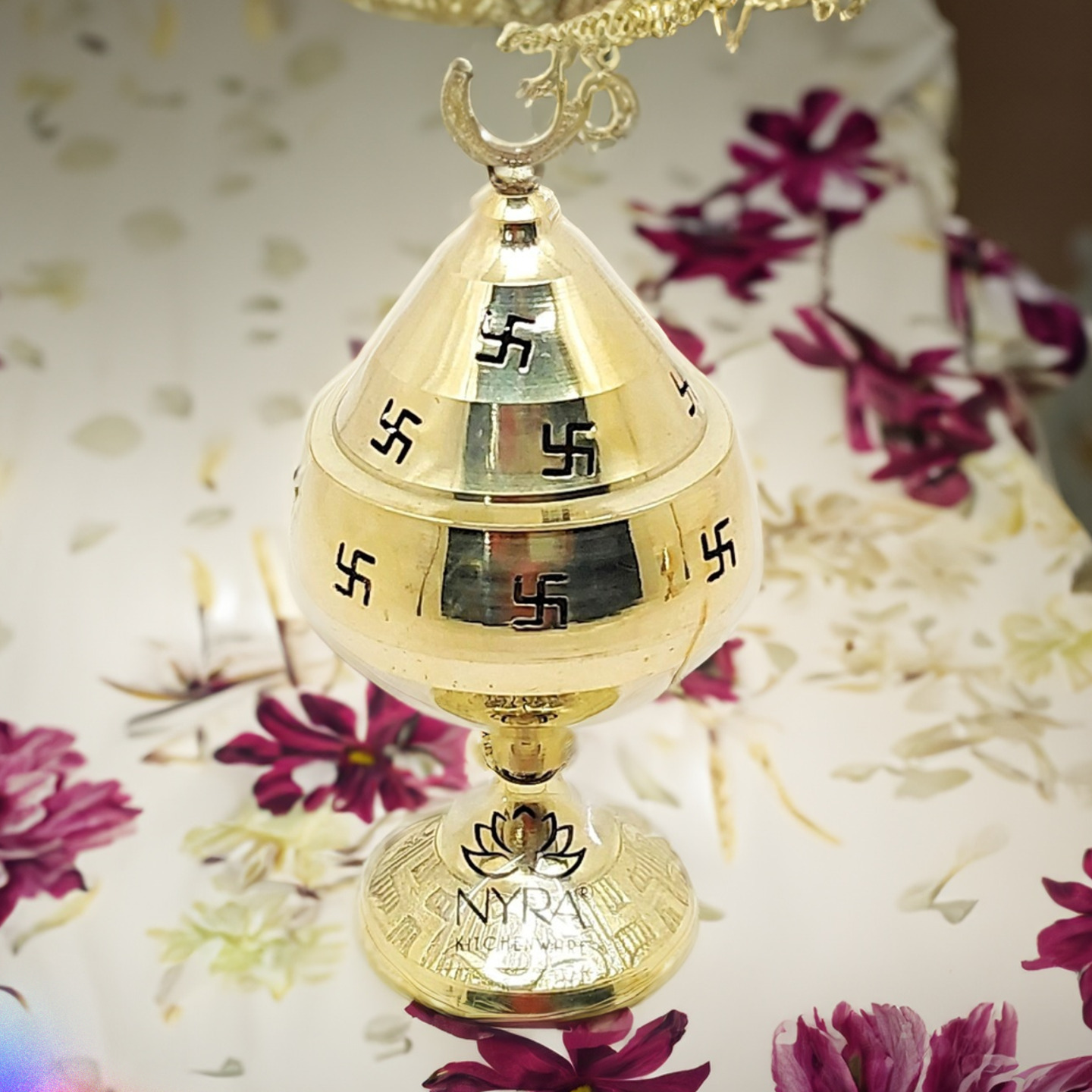 Nyra Brass goblet Om Swastik Deepak  Akhand Diya, Designer Diya with Swastik Design  Brass Diya for Puja  Akhand Jyot Deepak for Diwali Pujan