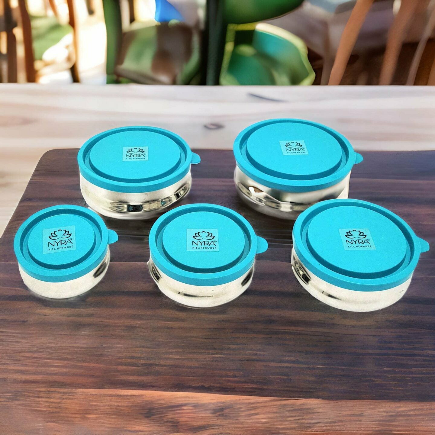 Nyra Stainless Steel Food Storage 5 Pcs Container Set 150 ML, 200 ML, 250 ML, 400 ML & 500 ML Utility Containers with Coloured Leak Proof Air Tight Plastic Lids Kitchen Lid Bowl Set 5 Pcs