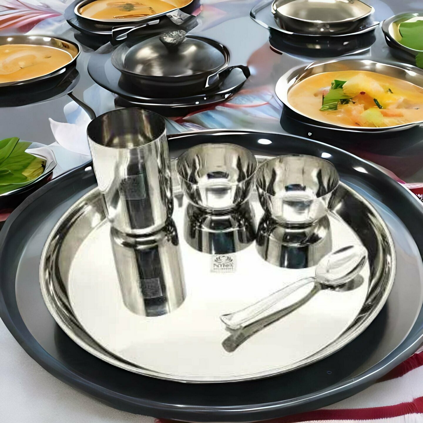 Nyra Stainless Steel Premium ThaliDinner Set of 5-Pieces 1 Thali, 1 Glass, 1 Spoon & 2 Bowls Dinnerware  Tableware, Silver