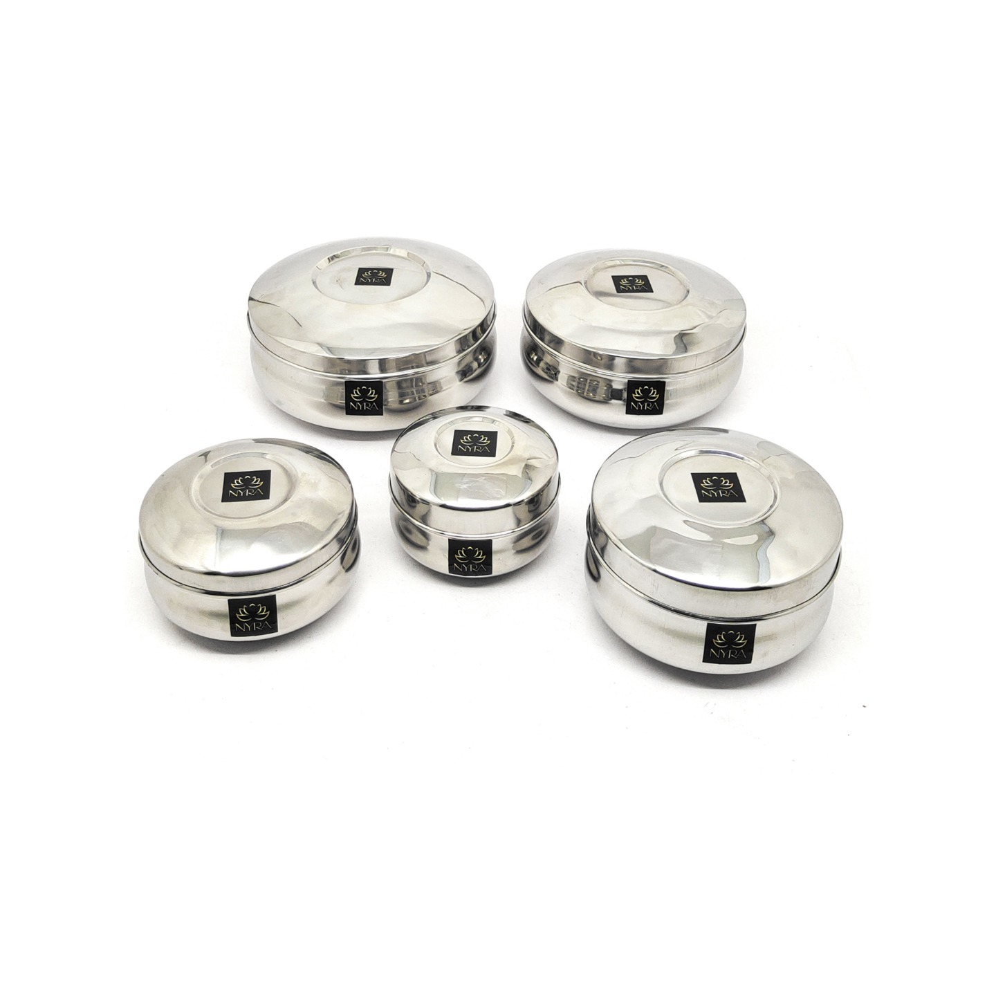 Nyra Stainless Steel Small Round ContainerBoxDabba Set of 5 Pieces 350 ML, 550 ML, 700 ML, 1 Ltr & 1.35 Ltr with Lid - Kitchen Storage