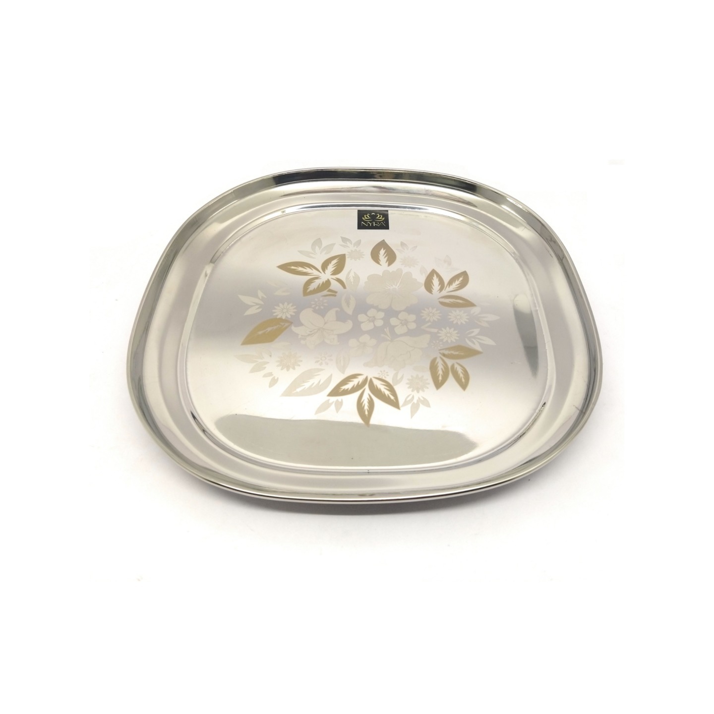 NYRA Stainless-Steel Full-Size Plates with Glossy Outer Finish and Lazer Print Set for LunchDinner