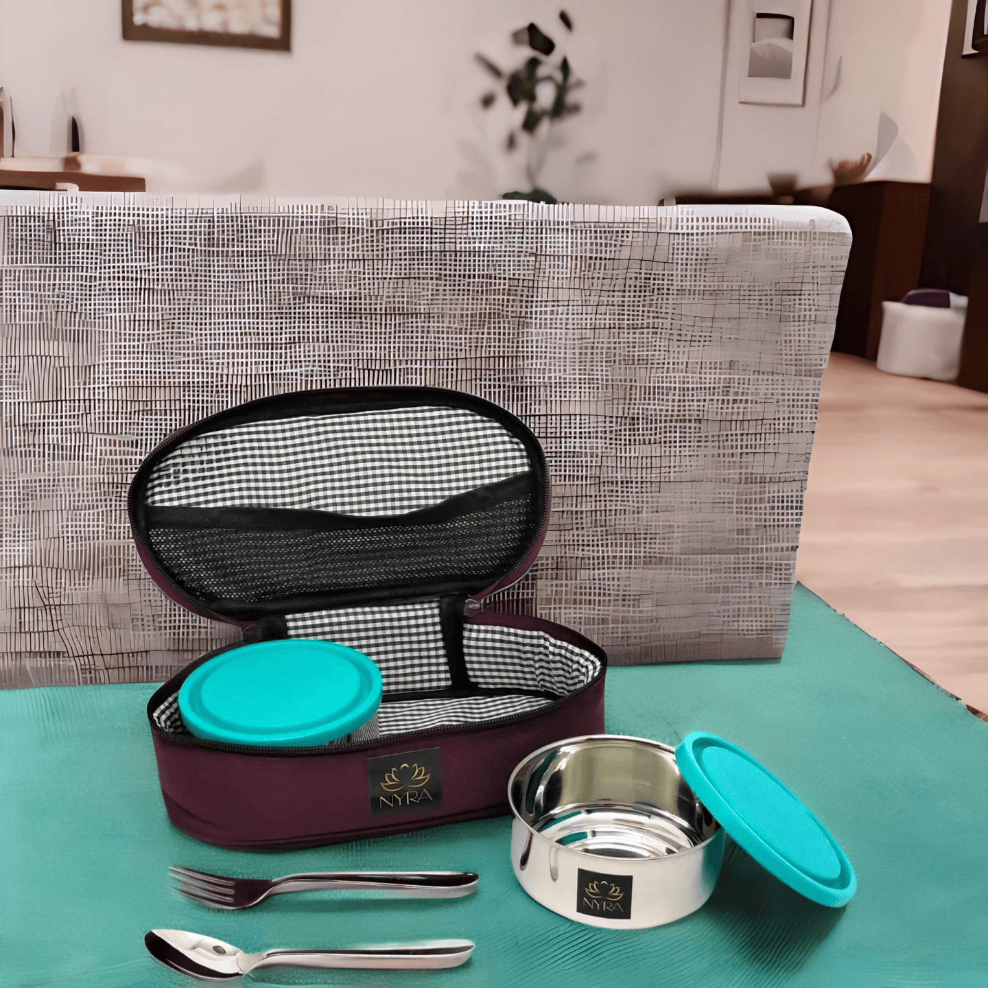 Nyra Stainless Steel Lunch Tiffin Box with Bag for Office use, Student, Women, Men - 2 Leak Proof Stainless Steel Meal Containers with a spoon and fork and Insulated Fabric Bag