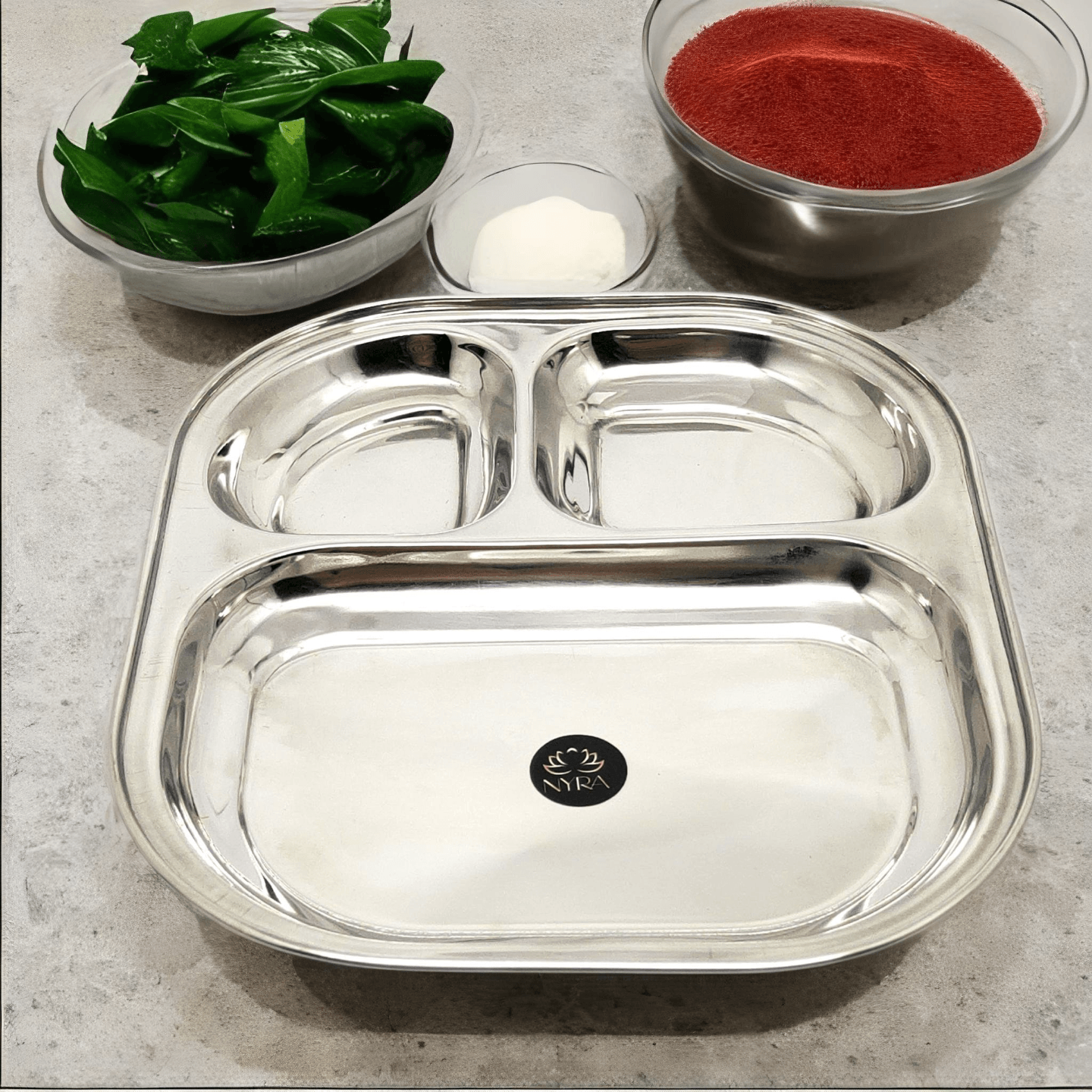 Nyra® Stainless Steel 3 In 1 Pav Bhaji Plate Compartment Plate Bhojan Thali With 3 Sections