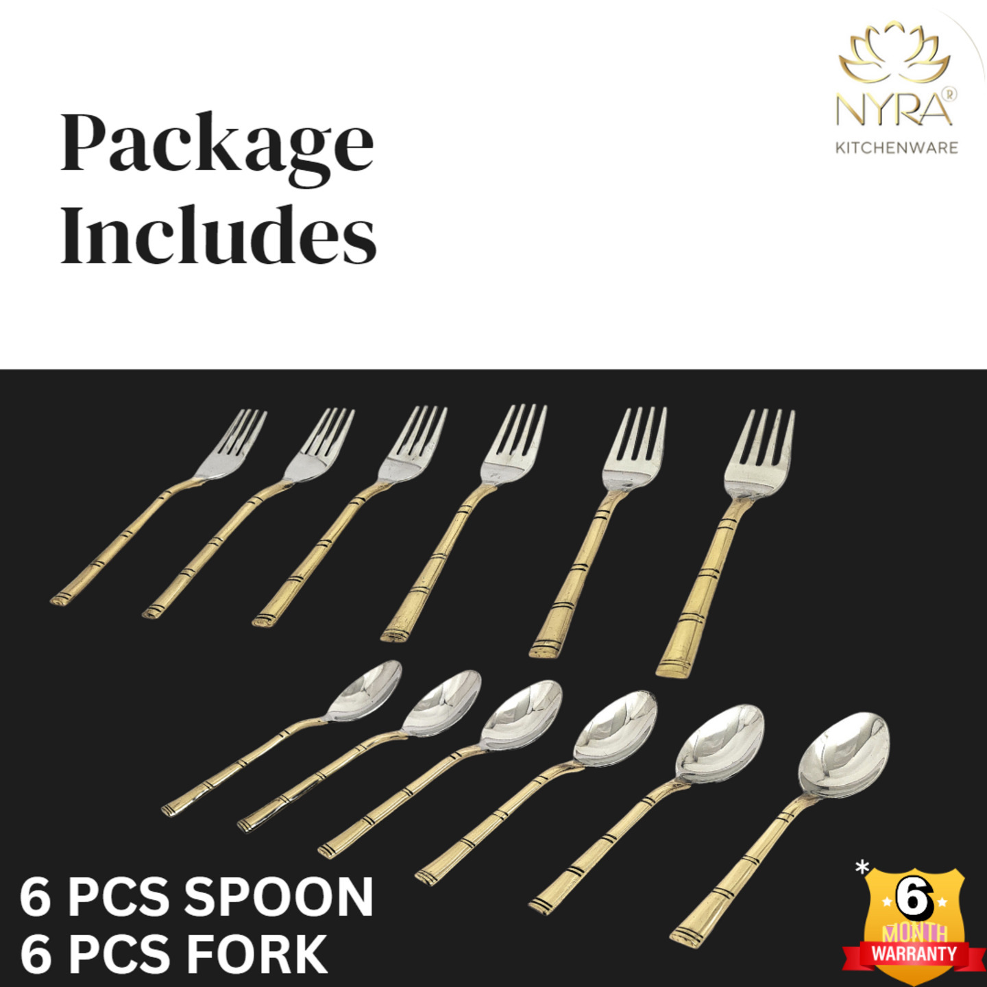 Nyra Stainless Steel Brass Set of 12 Pcs  6 Pcs Serving Spoons & 6 Pcs Forks, Traditional Indian Designed Tableware  Dinnerware, Kitchenware Utensil Cutlery  Kitchen Accessory