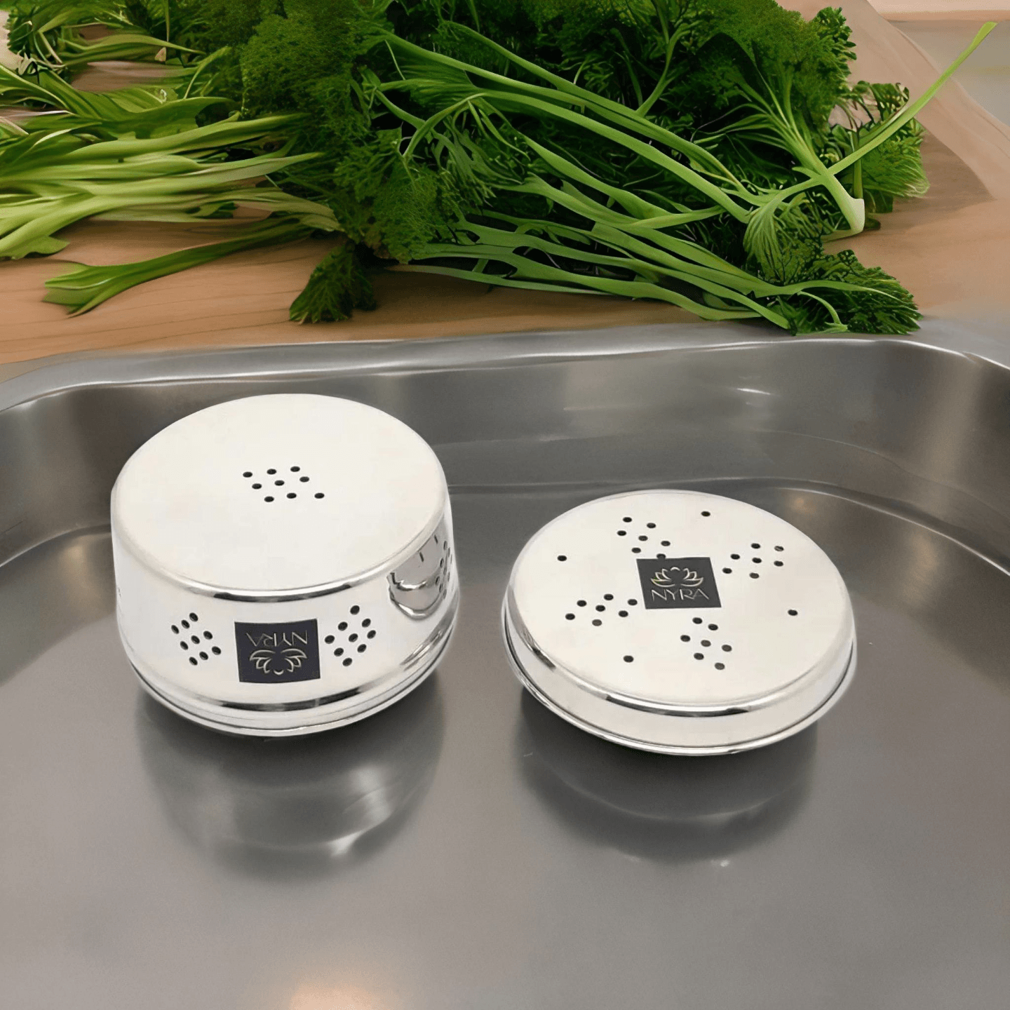 Nyra Stainless Steel Green Coriander Storage Box Tulsi Mint curry leaves Canister with air ventilationDhaniya DibbaDibbi