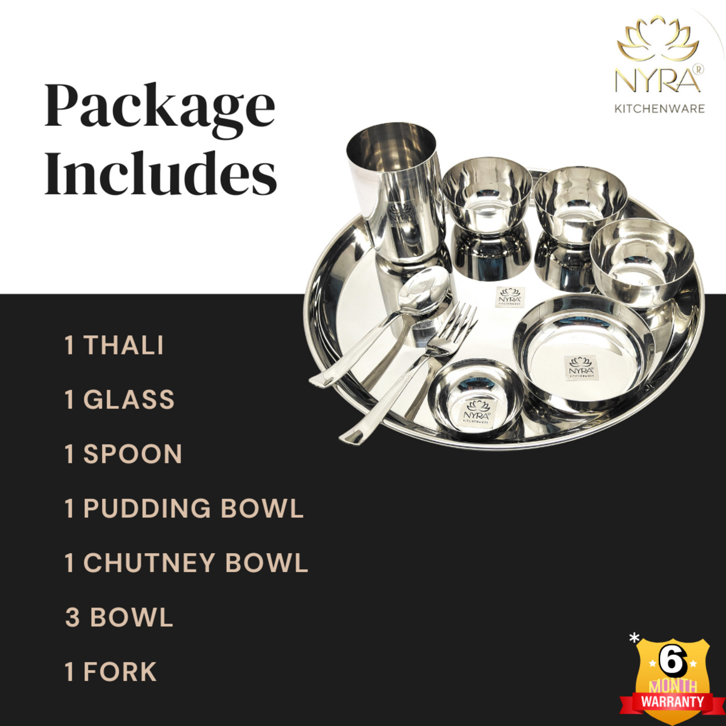 Nyra Stainless Steel Premium ThaliDinner Set of 9-Pieces 1 Thali, 1 Glass, 1 Spoon, 1 Fork, 1 Pudding Bowl, 1 Mini Bowl &  3 Bowls, Dinnerware  Tableware, Silver