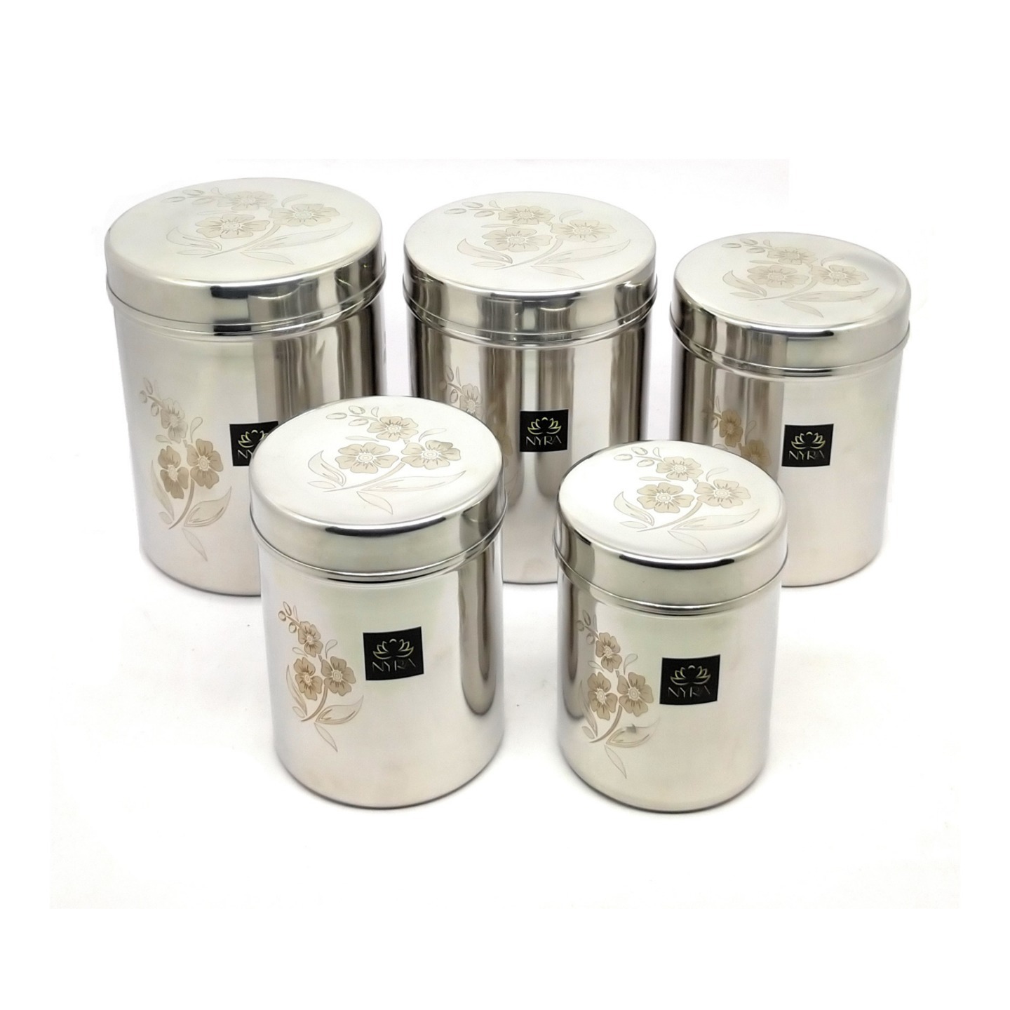 Nyra Stainless-Steel Cylindrical Shaped Laser Floral Printed Deep Storage Box Containers DibbaDubba - Set of 5 capacity from 800 ML to 2.5 Ltr