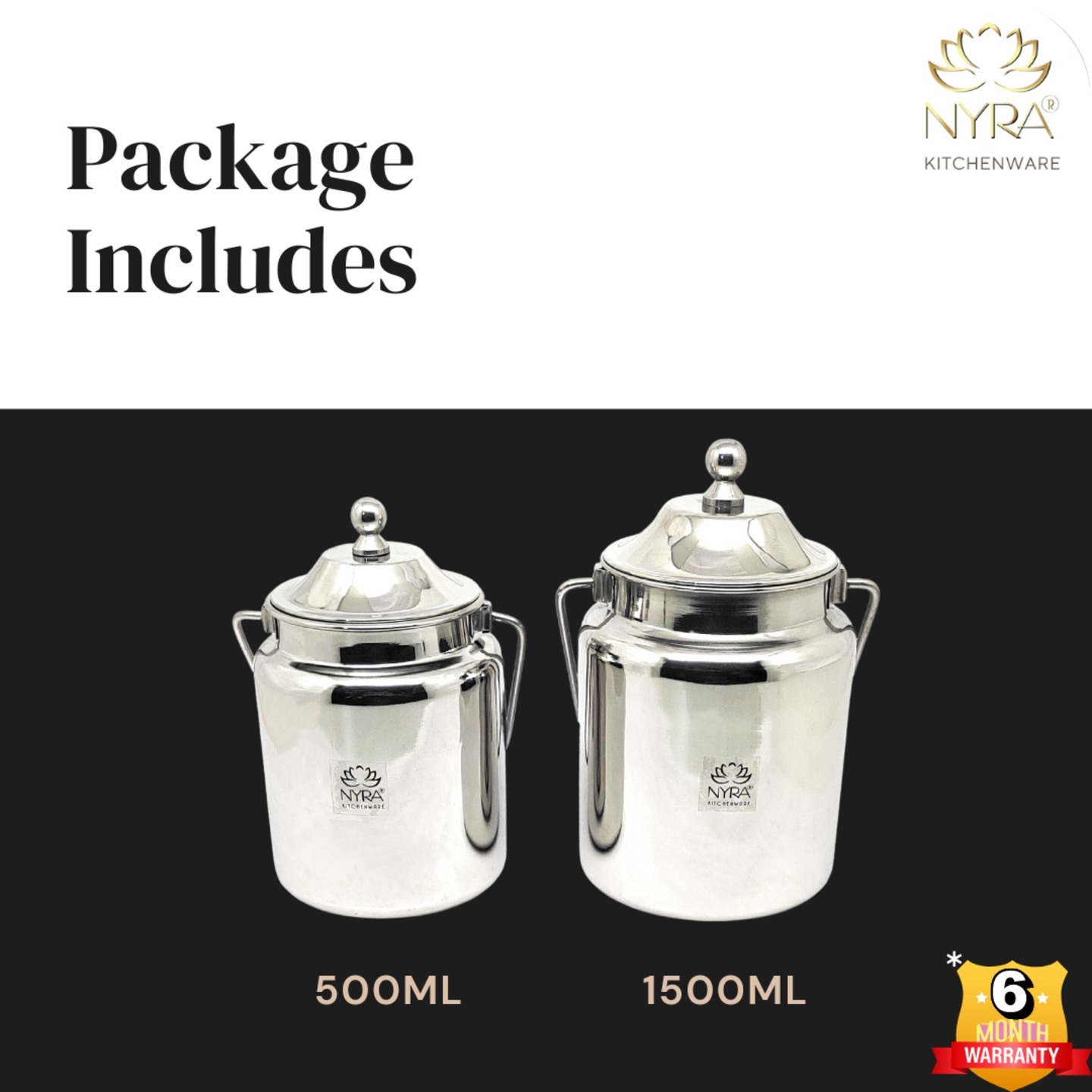 Nyra Stainless Steel Barni Set of 2 Pcs 500 ML & 1.5 Ltr Milk CanContainer with an Upper Lid Dolchi for storing Milk, Oil Jar with Lid, Ghee Container