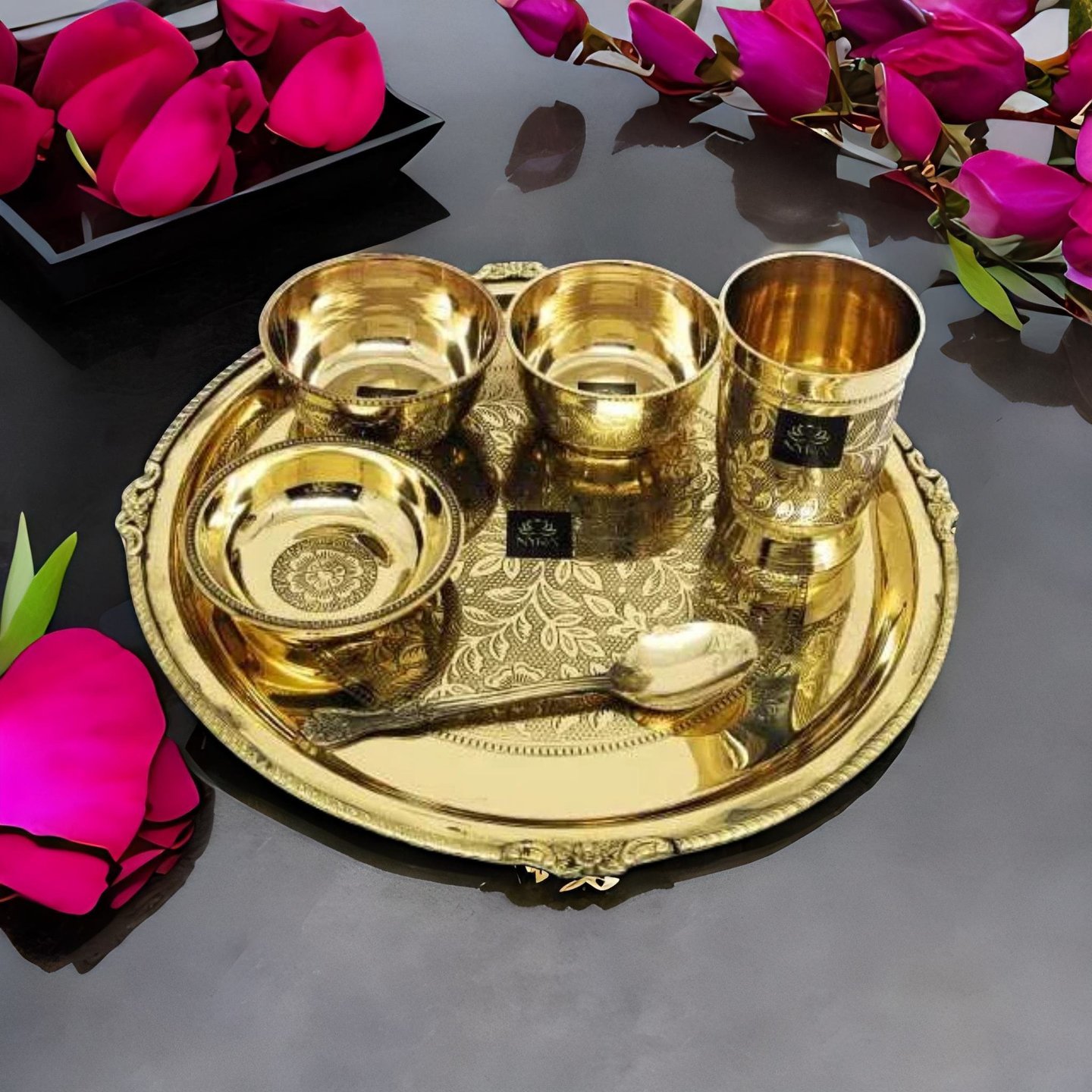Nyra Pure Brass Premium Peetal Embossed Thali Set of 6 Pieces - 2 Bowls, 1 Glass, 1 Plate, 1 Pudding Bowl and 1 Spoon Luxury Restaurant Ware Home Hotel