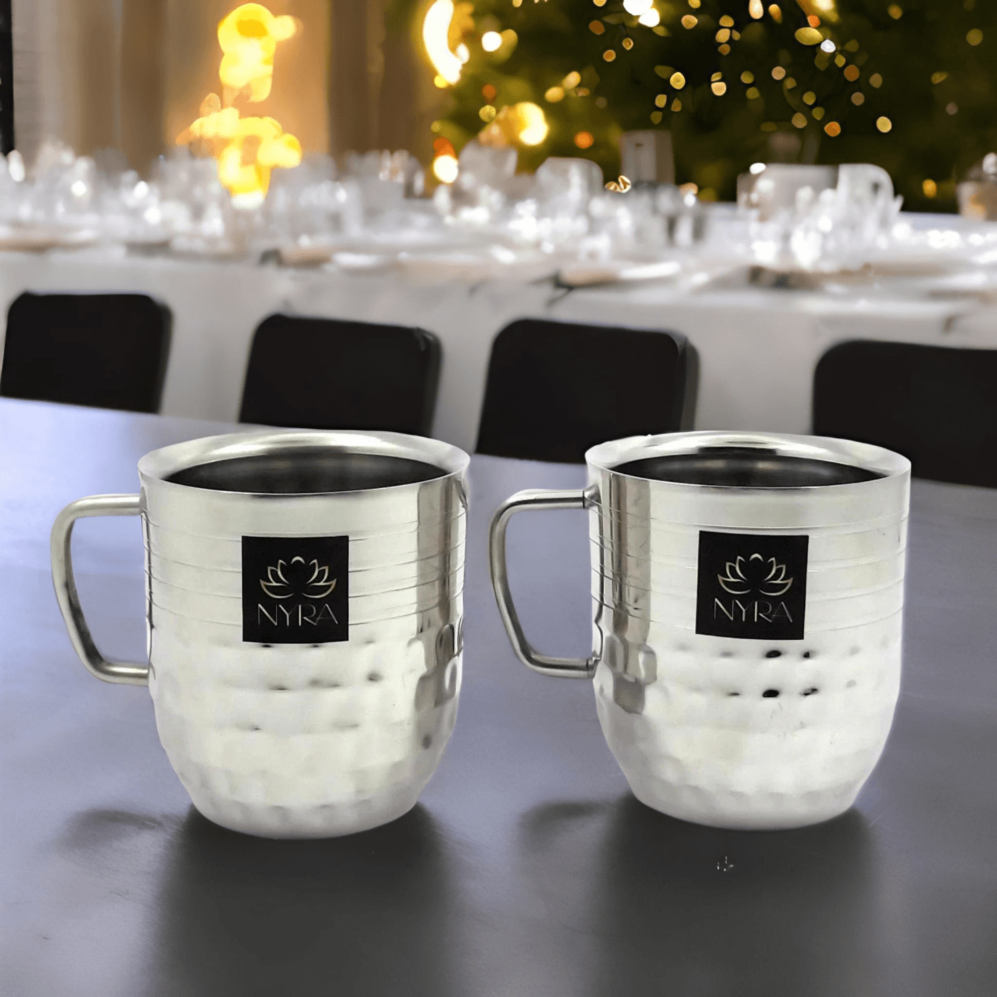 Nyra Stainless-Steel Glossy Hammered and Ringer Finish Riveted Handle Cup Set of 2 pieces