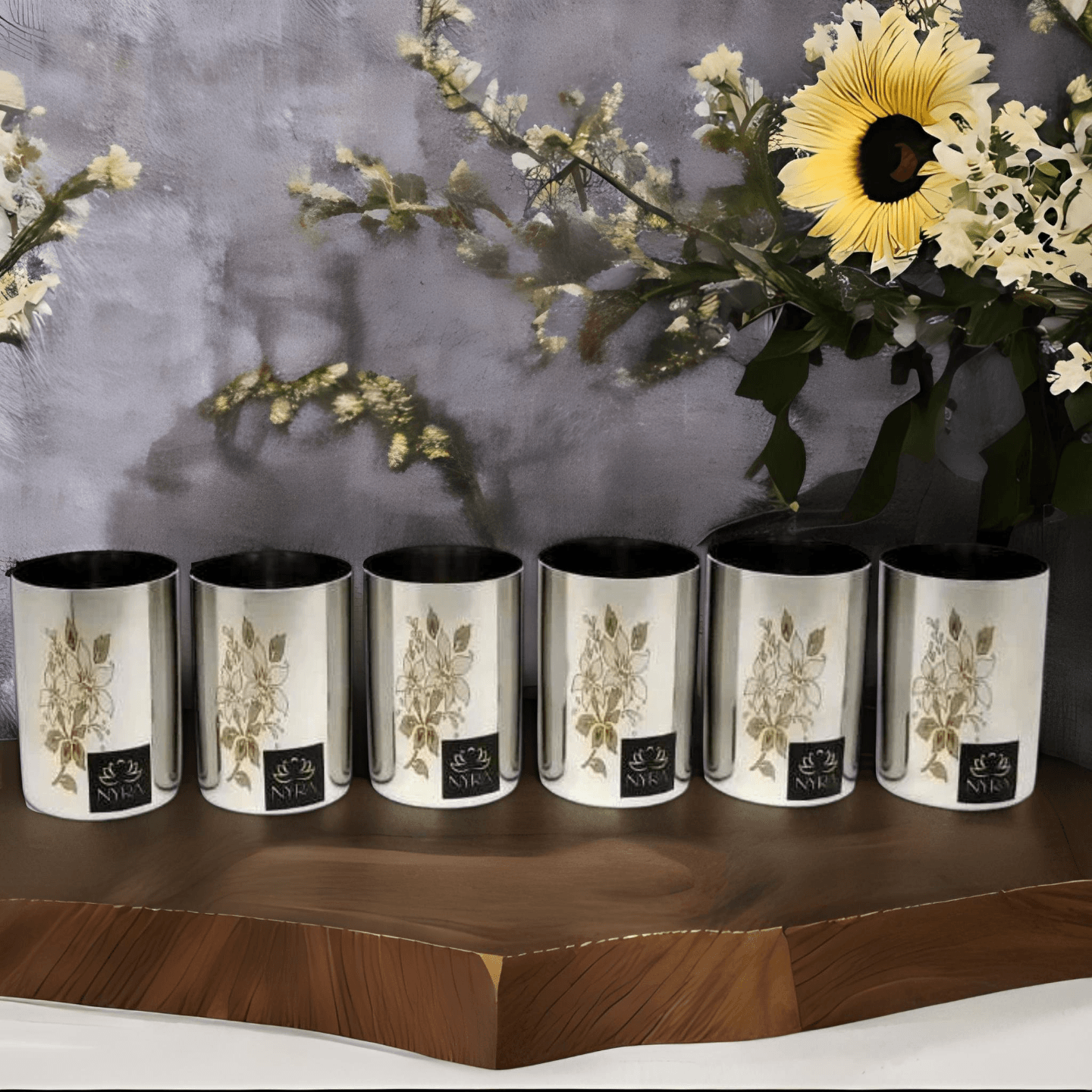 Nyra Stainless Steel Glass Tumbler with Laser Floral Design for DrinkingServing WaterMilk JuiceLassiLemonadeSoft DrinksBeverages  300 ML each