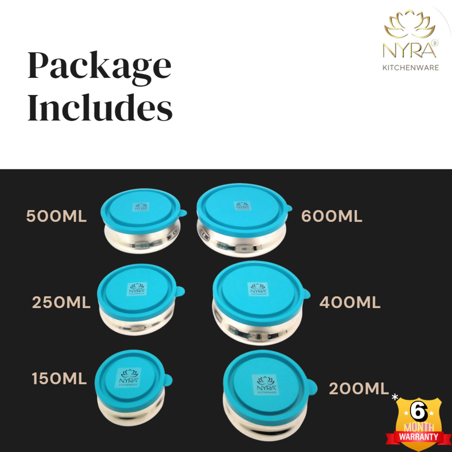 Nyra Stainless Steel Food Storage 6 Pcs Container Set 150 ML, 200 ML, 250 ML, 400 ML, 500 ML & 600 ML Utility Containers with Coloured Leak Proof Air Tight Plastic Lids Kitchen Lid Bowl Set 6Pcs