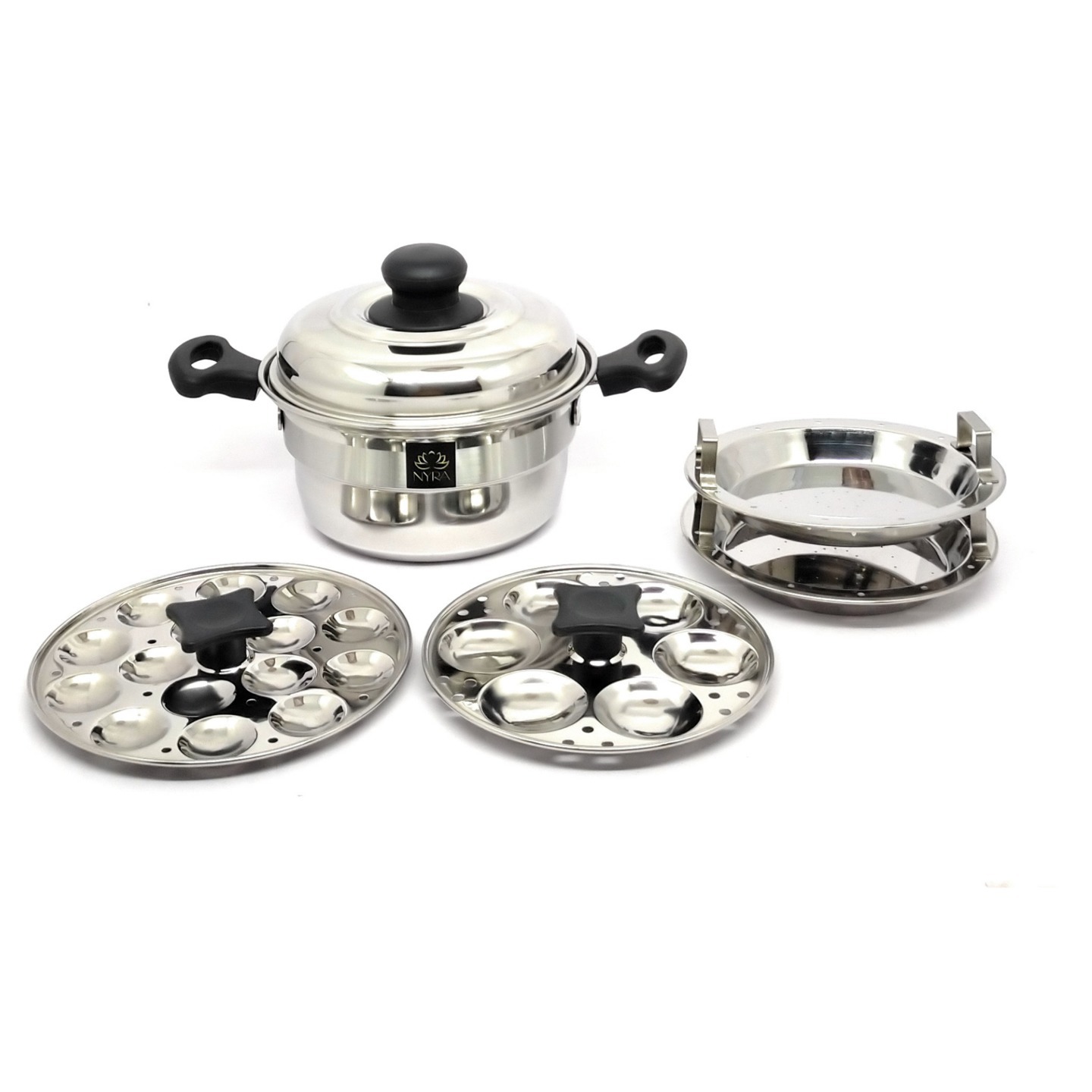 Nyra Stainless Steel Induction Base Multi-Use Mini Idly Cooker with 1 Mini Idly Plate 15 Idlies, 1 Magic Idly Plate 6 Idlies and 2 Pcs SteamerDhokla Plates