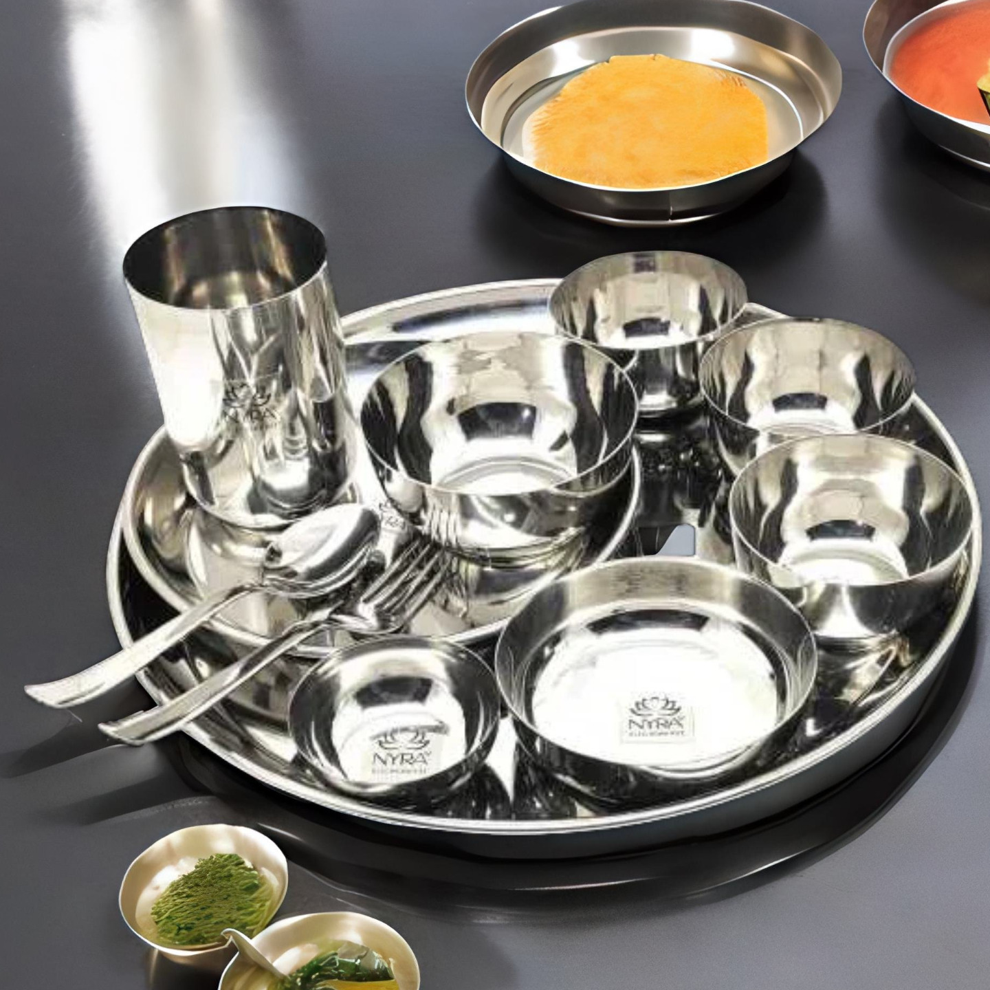 Nyra Stainless Steel Premium ThaliDinner Set of  11 Pieces 1 Thali, 1 Glass, 1 Spoon, 1 Fork, 1 Side Plate, 1 Pudding Bowl, 1 Mini Bowl, 1 Big Soup Bowl & 3 Bowls, Dinnerware  Tableware, Silver