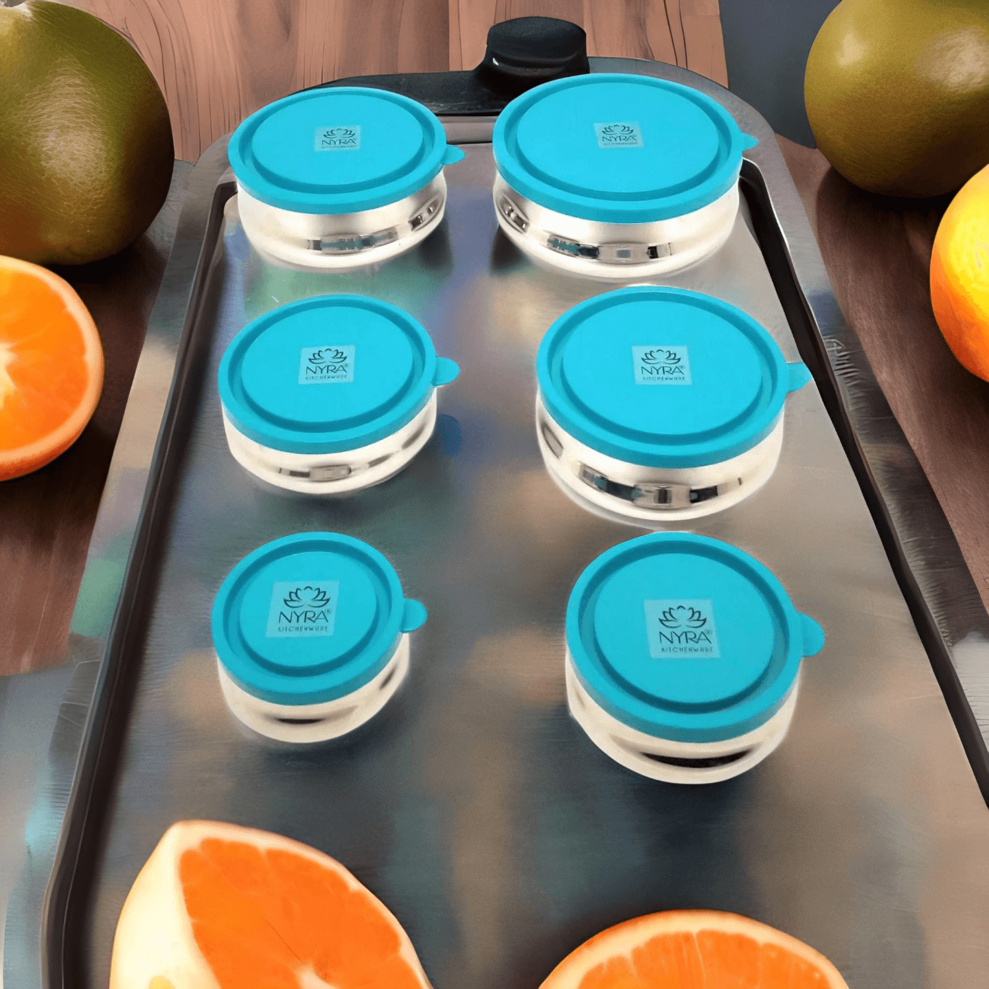 Nyra Stainless Steel Food Storage 6 Pcs Container Set 150 ML, 200 ML, 250 ML, 400 ML, 500 ML & 600 ML Utility Containers with Coloured Leak Proof Air Tight Plastic Lids Kitchen Lid Bowl Set 6Pcs