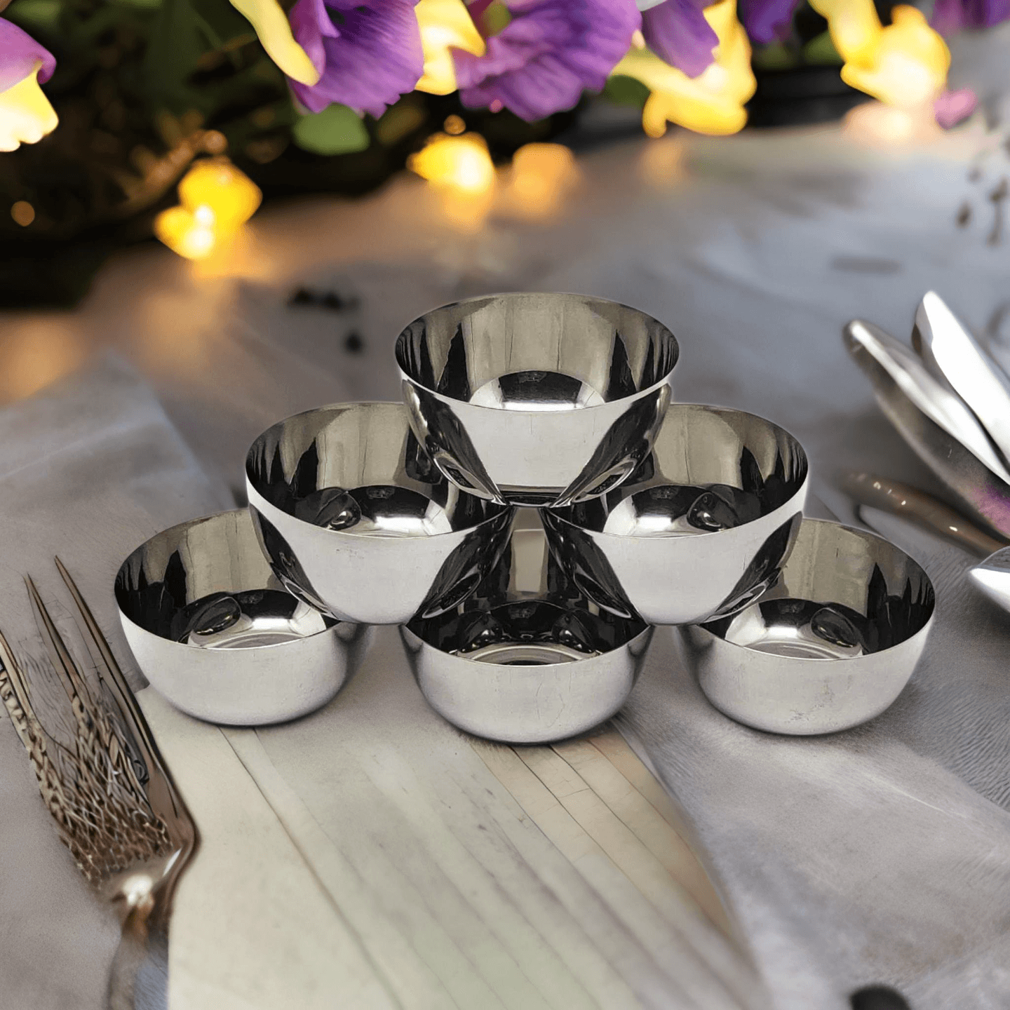 Nyra Stainless Steel Solid Vegetable Serving Curry Dal Bowls Katori  Wati  Vati Glossy Finish, Durable Set of 6 Pcs, - 150 ML Each, Silver