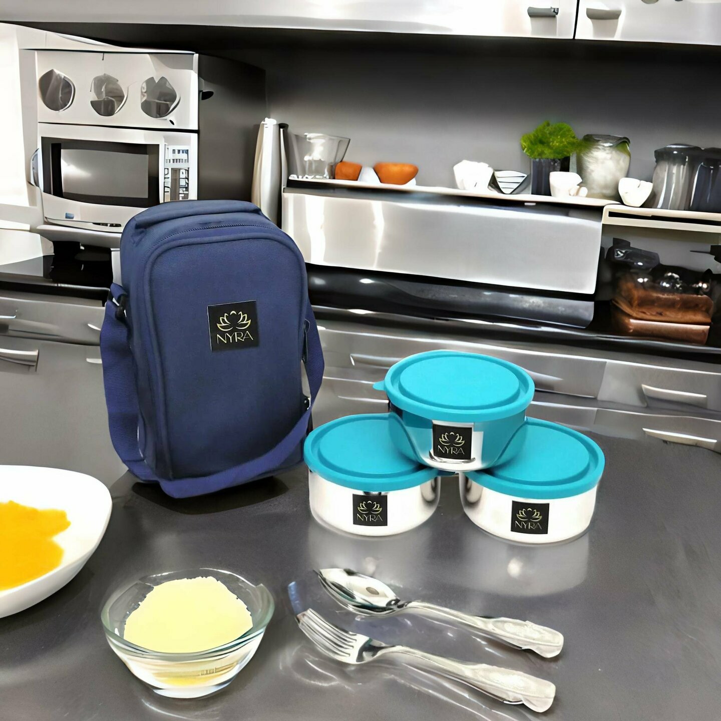 Nyra Stainless Steel Lunch Tiffin Box with Bag for Office use, Student, Women, Men - 3 Leak Proof Stainless Steel Meal Containers with a spoon and fork and Insulated Fabric Bag