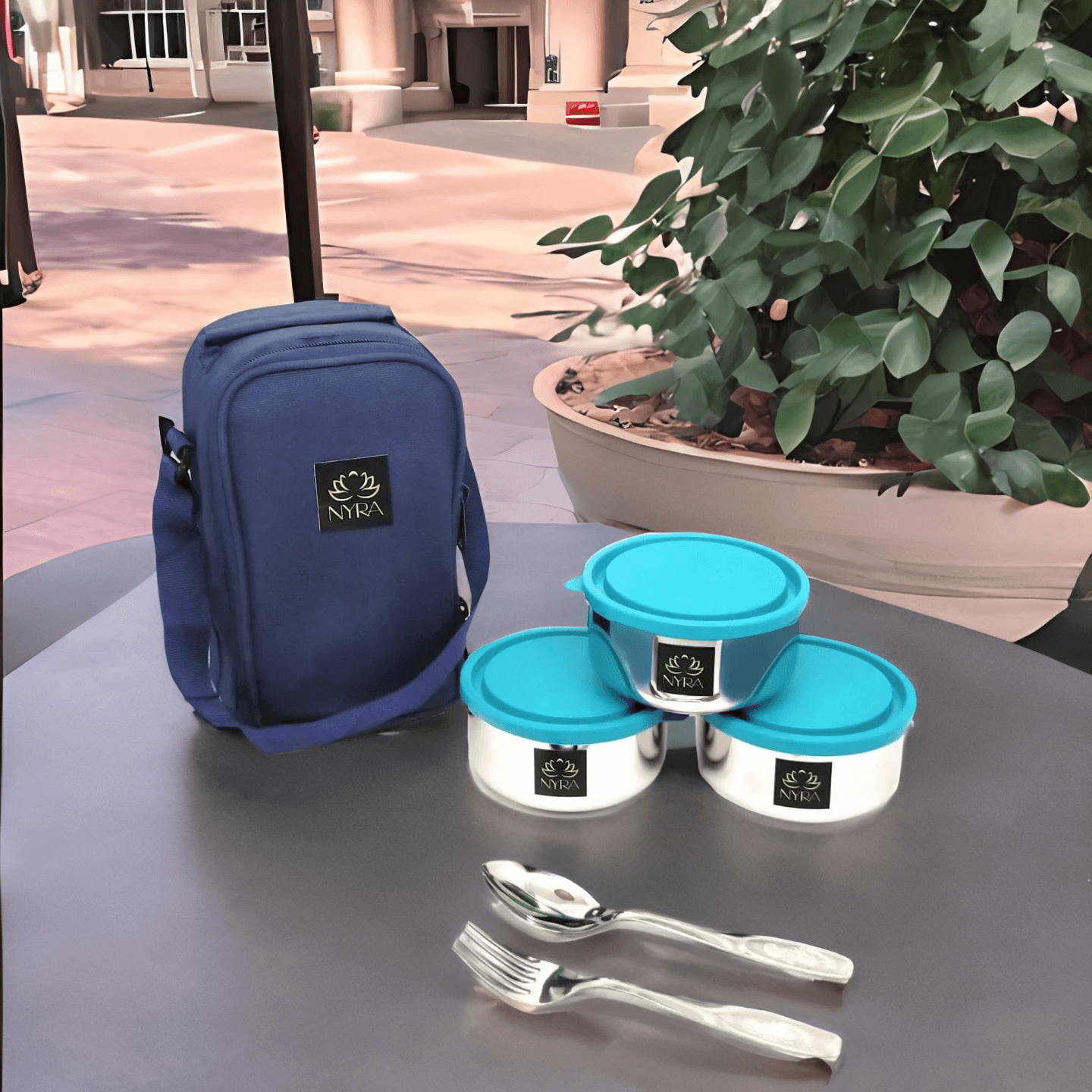 Nyra Stainless Steel Lunch Tiffin Box with Bag for Office use, Student, Women, Men - 3 Leak Proof Stainless Steel Meal Containers with a spoon and fork and Insulated Fabric Bag